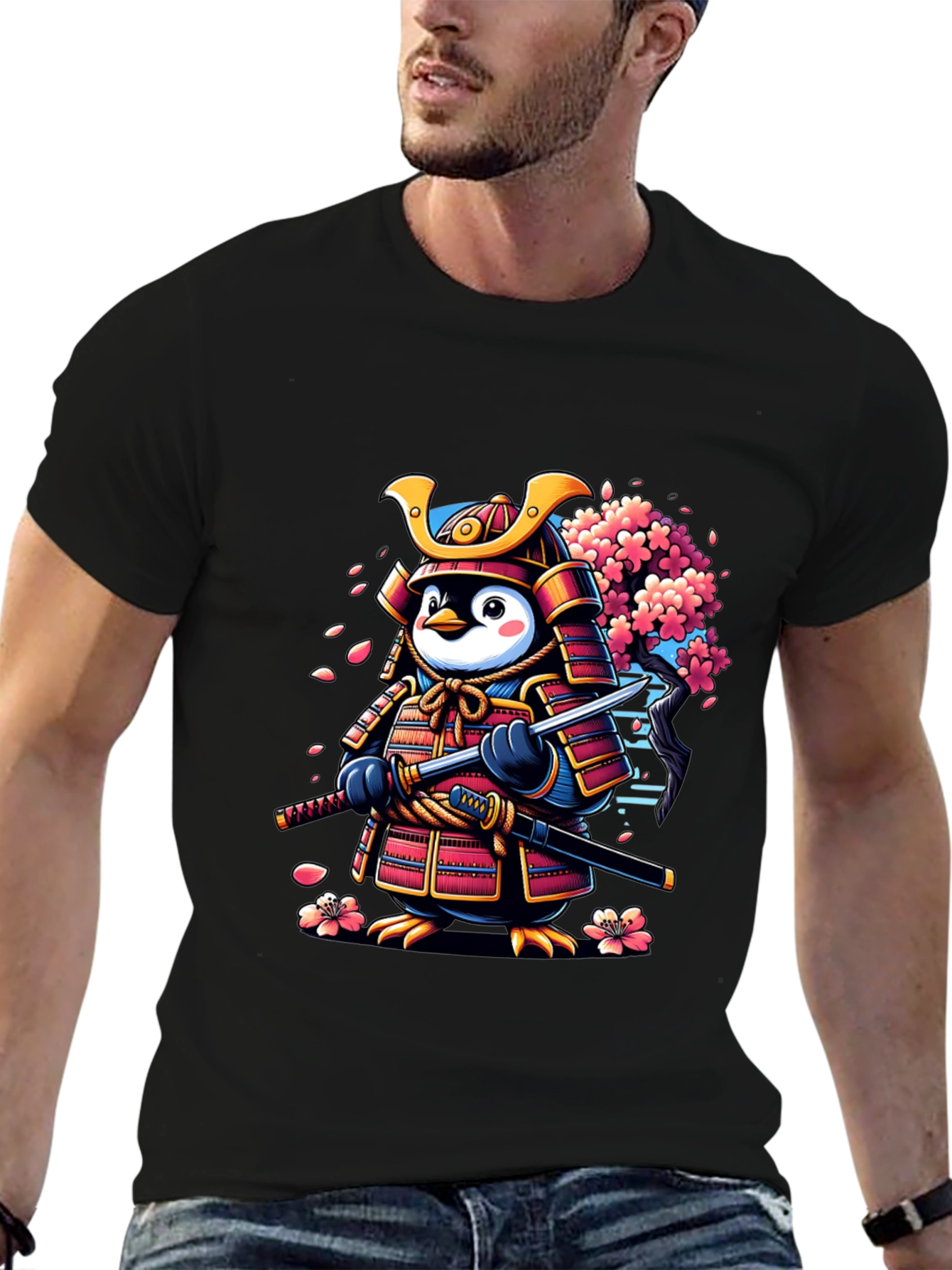 Samurai Penguin Graphic Tee - Unique Cartoon Style
