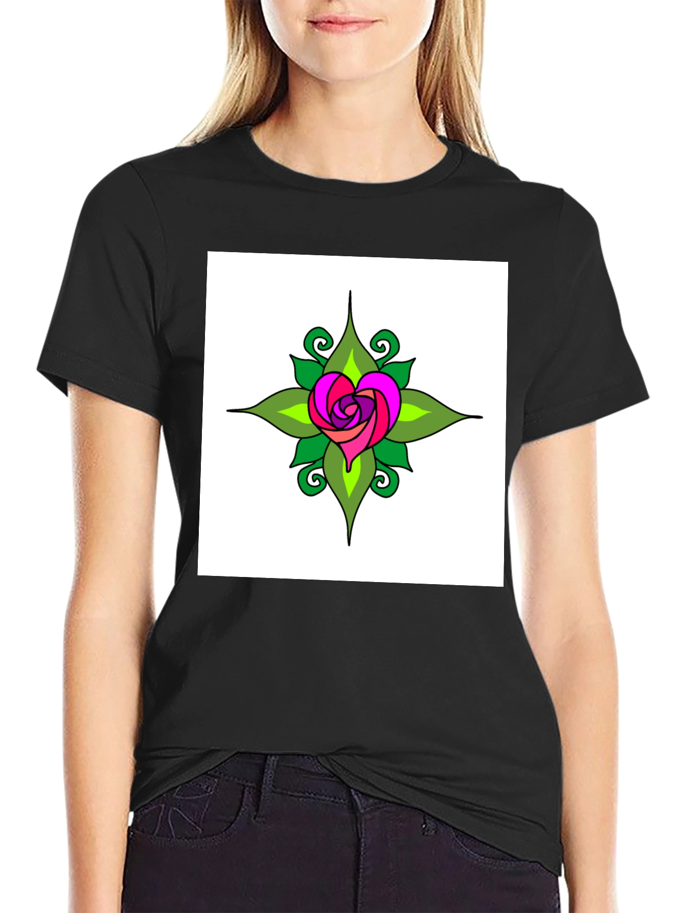 Heart Rose Graphic Tee - Black Cotton T-Shirt