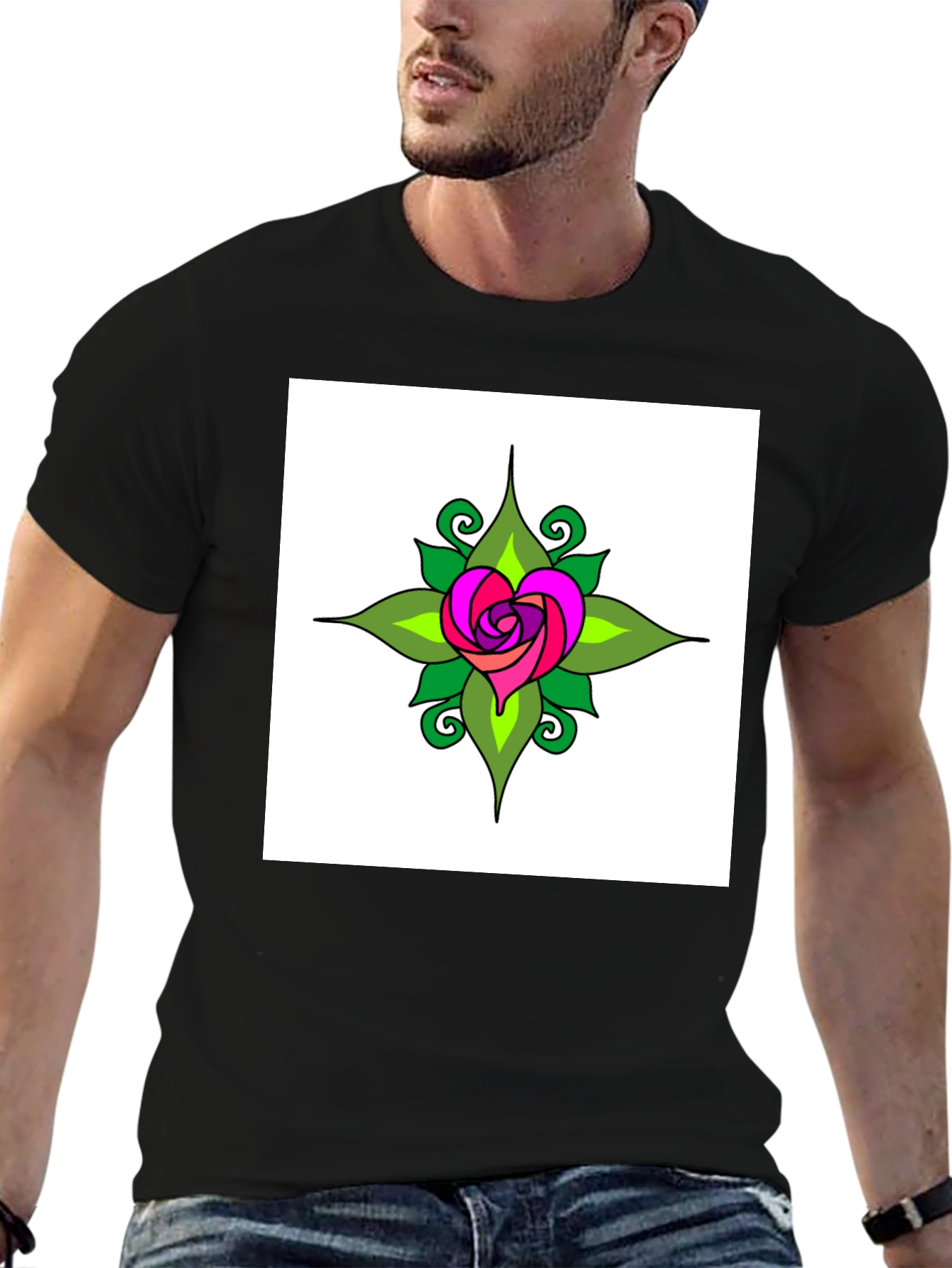 Heart Rose Graphic Tee - Black Cotton T-Shirt
