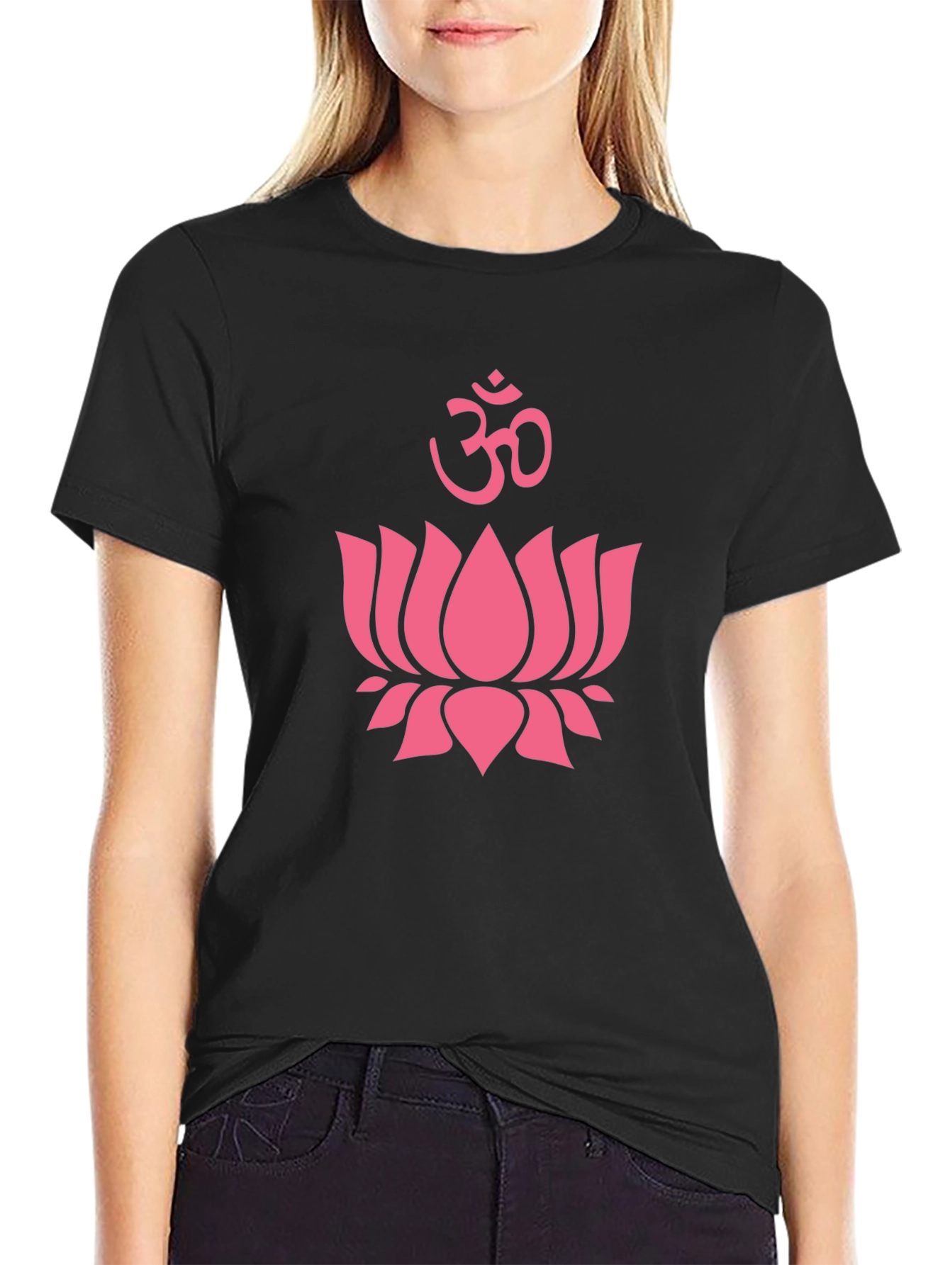 Pink Lotus & Om Symbol Black T-Shirt