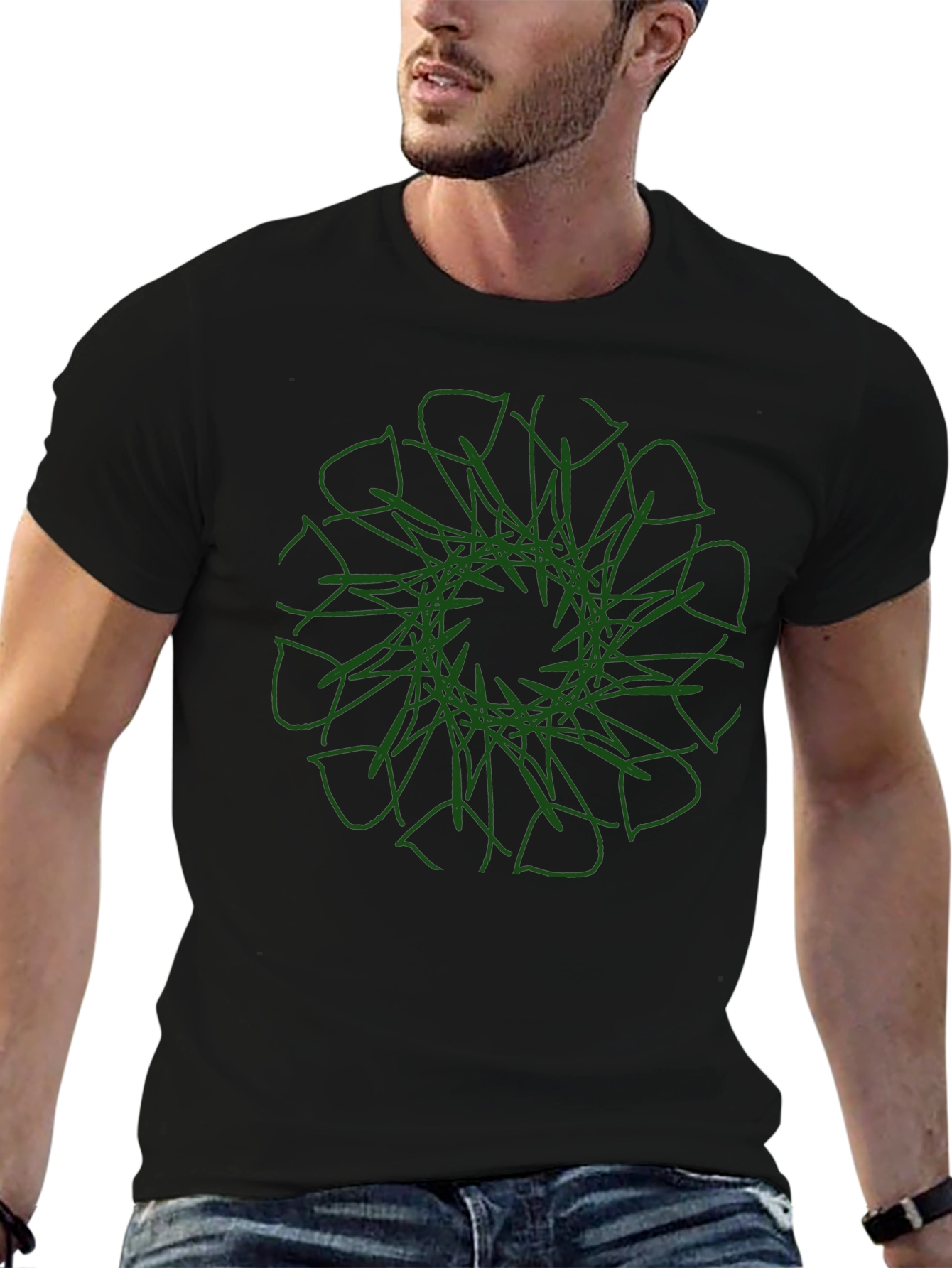 Modern Graphic Tee - Black with Green Mandala Design