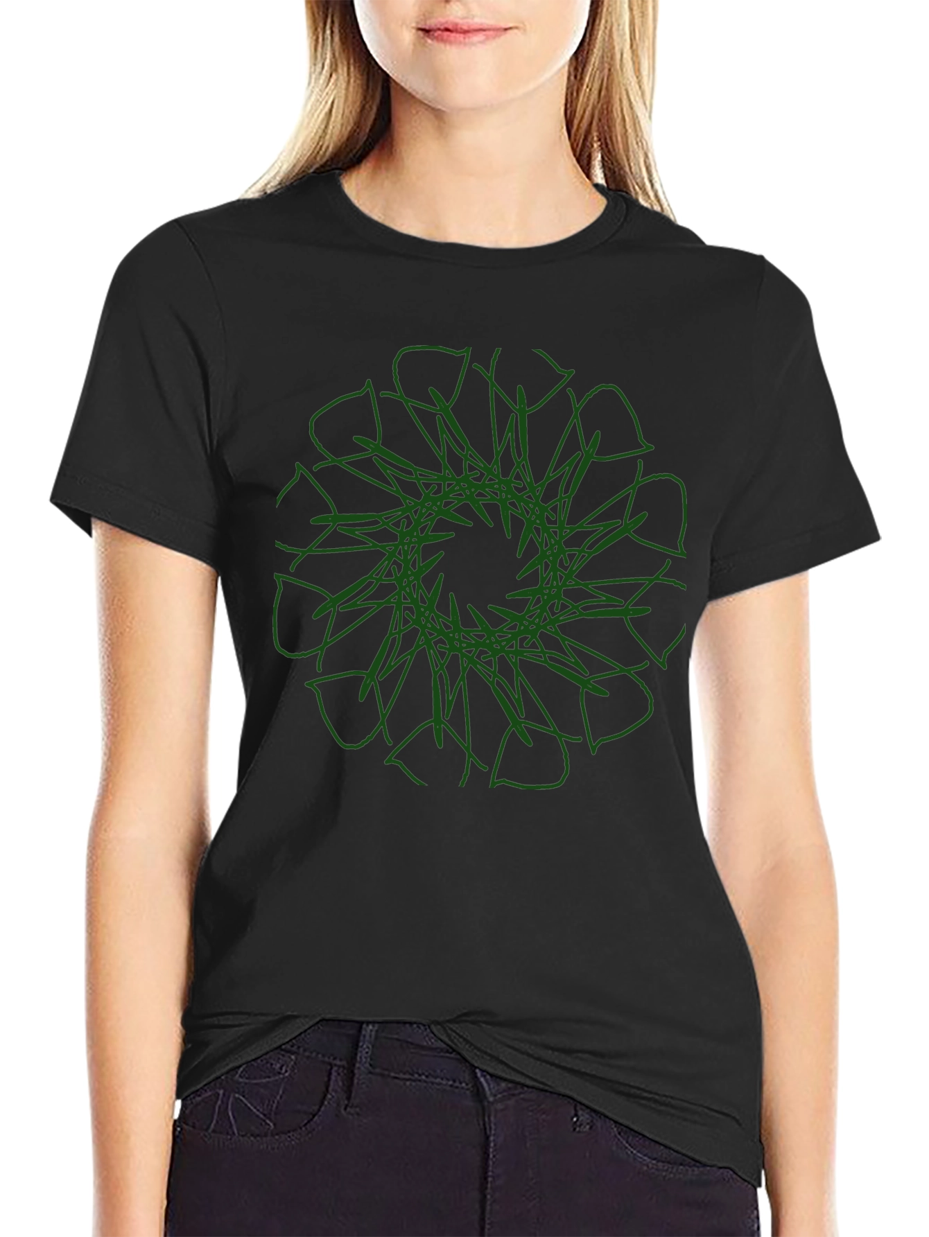 Modern Graphic Tee - Black with Green Mandala Design