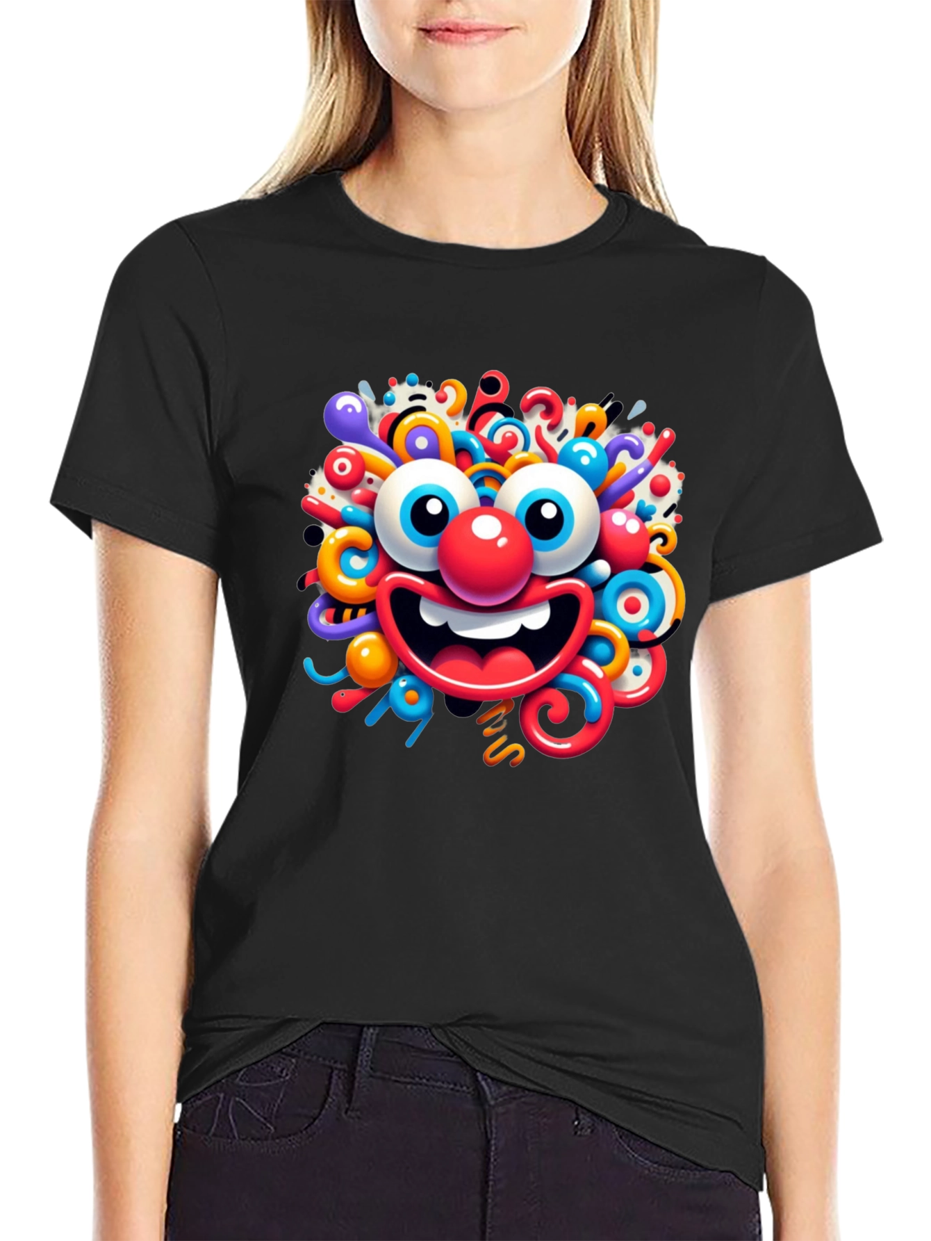 Fun Cartoon Face Black T-Shirt