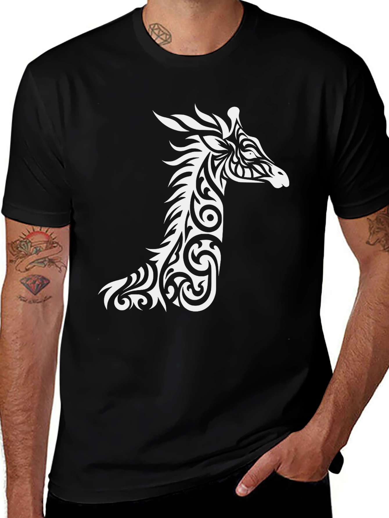 Tribal Giraffe Graphic Tee - Black Cotton Shirt