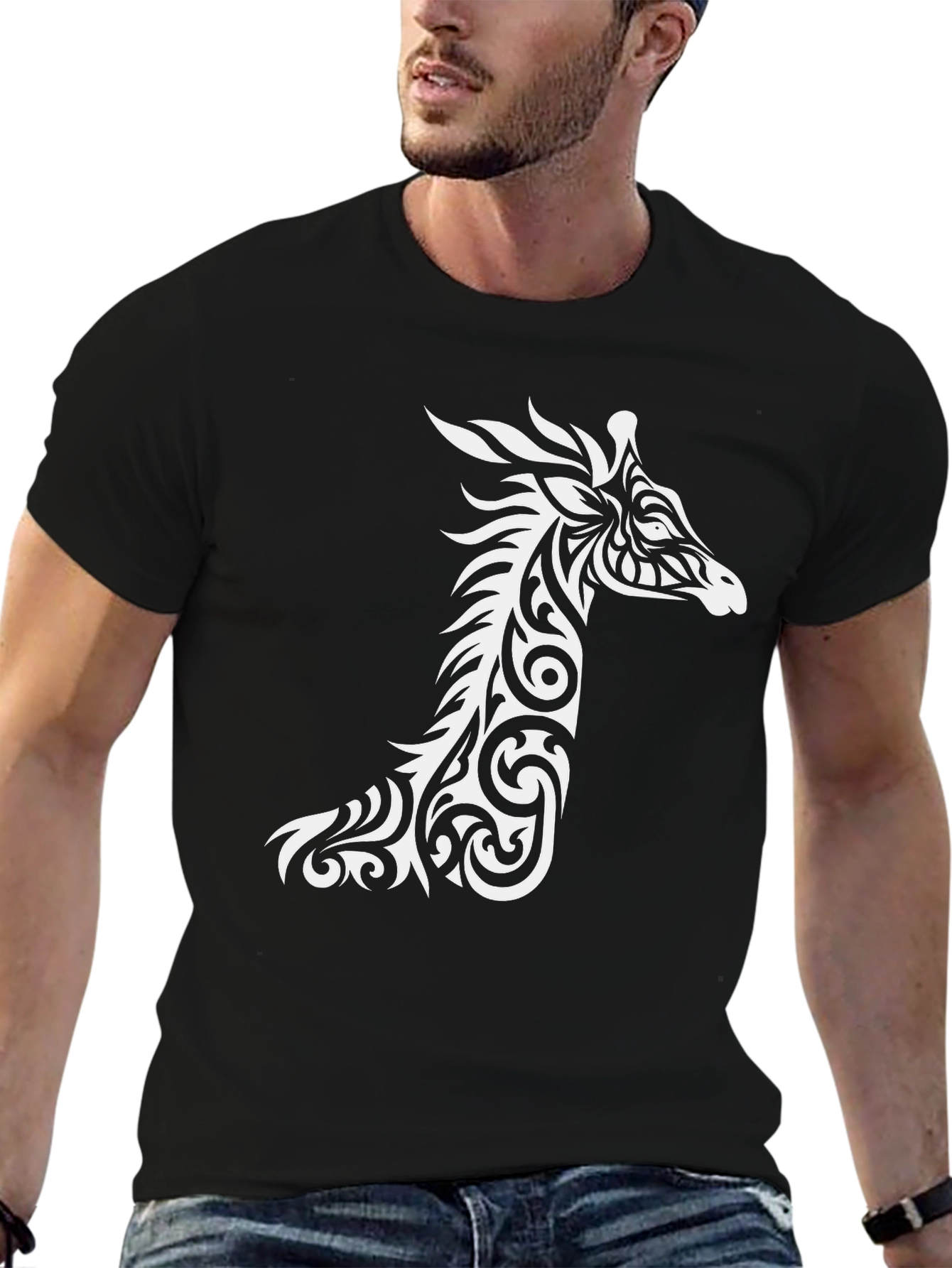 Tribal Giraffe Graphic Tee - Black Cotton Shirt