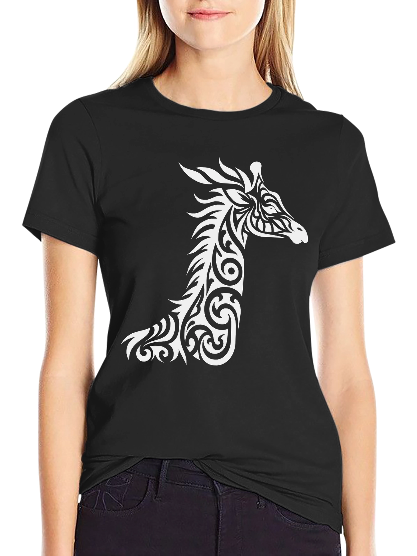 Tribal Giraffe Graphic Tee - Black Cotton Shirt