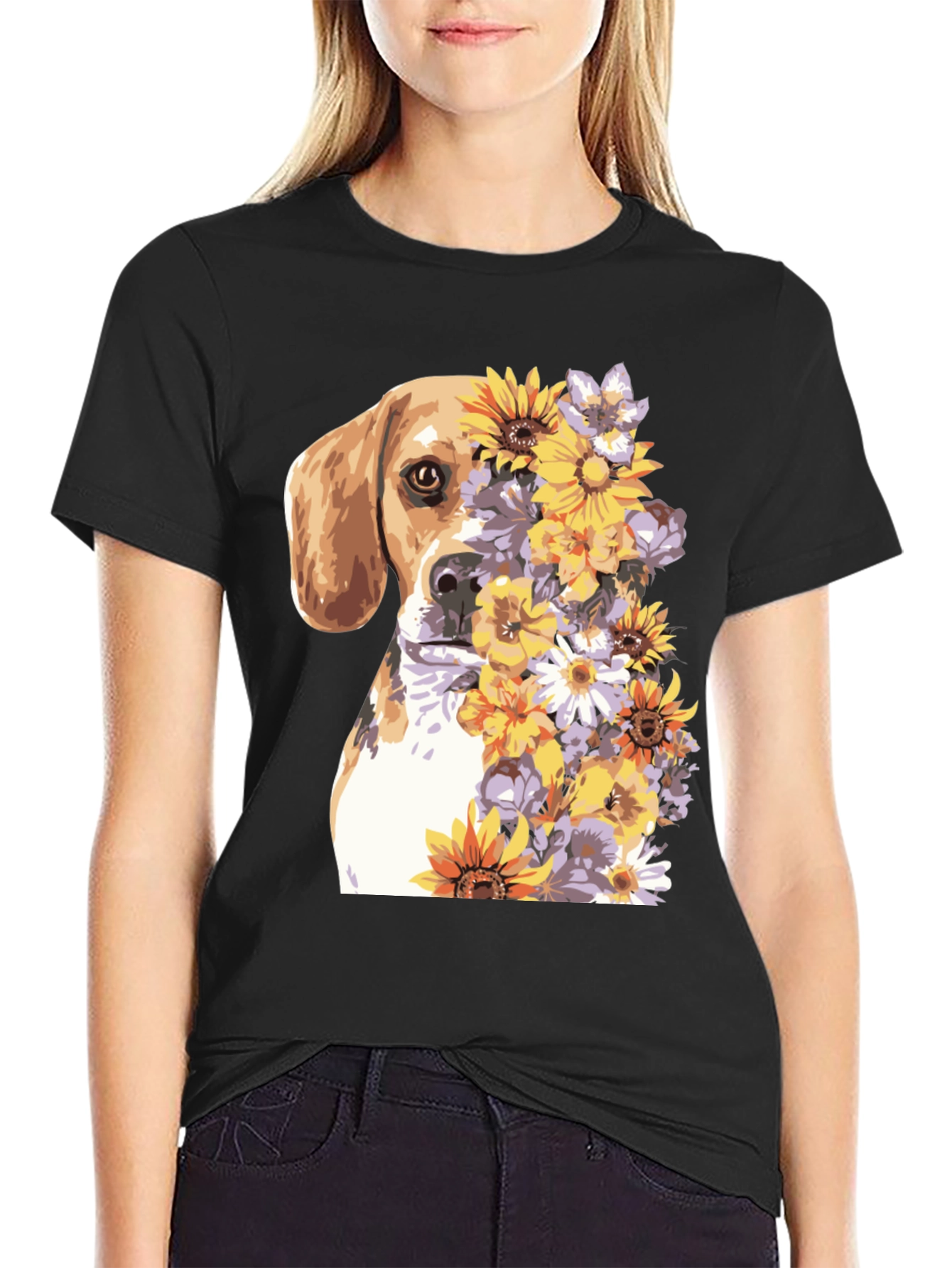 Dog & Floral Print T-Shirt