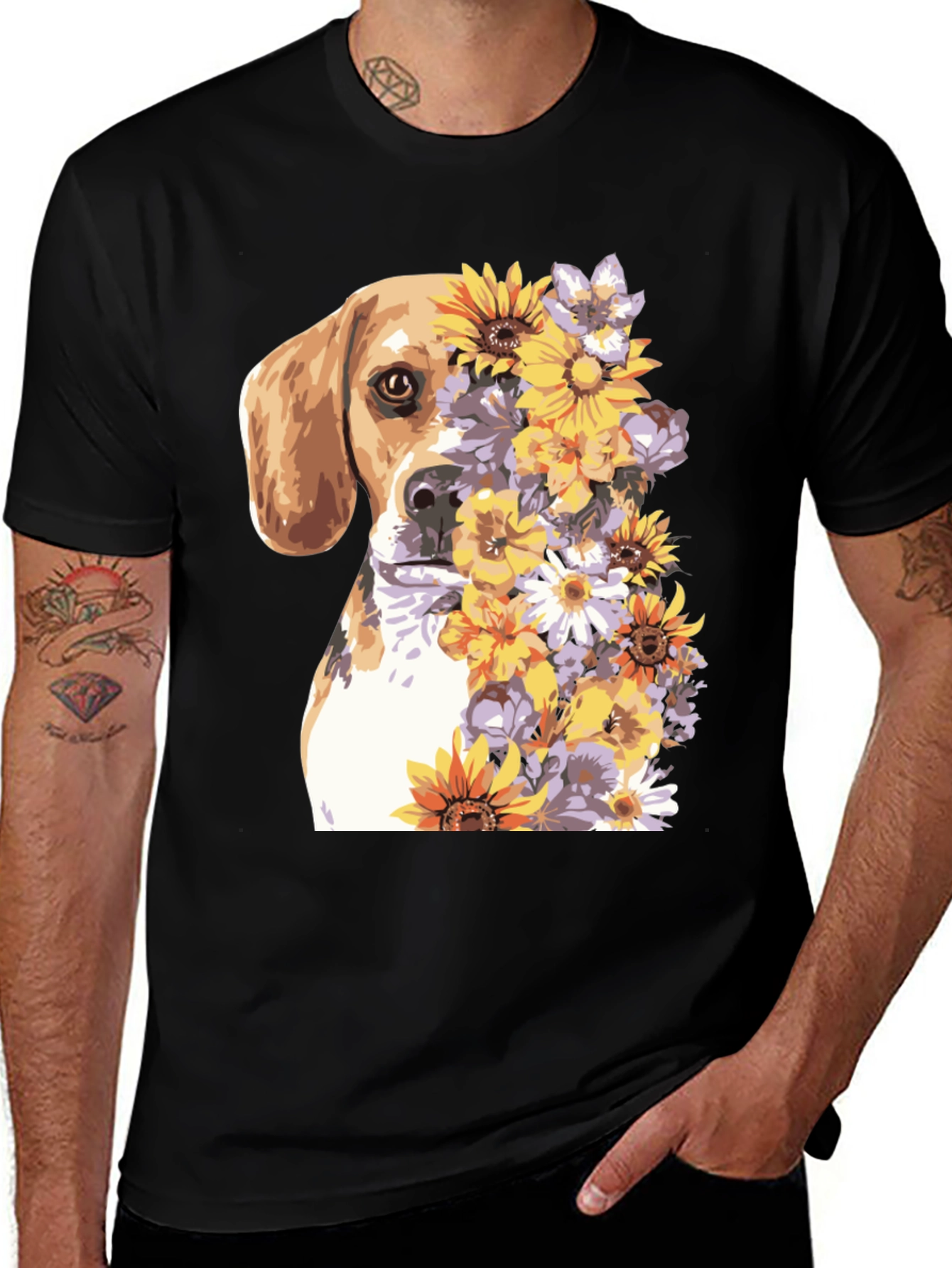 Dog & Floral Print T-Shirt