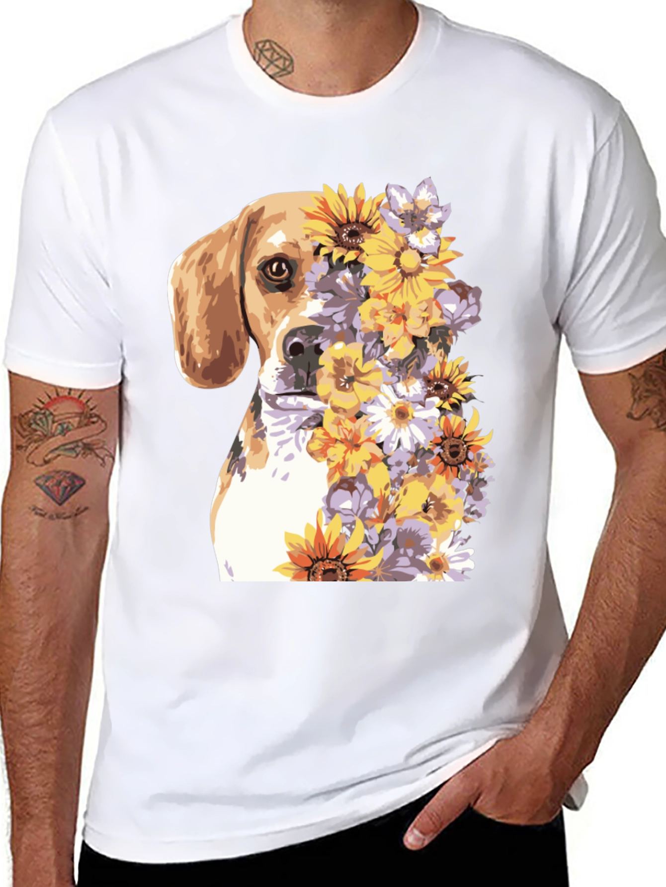 Dog & Floral Print T-Shirt