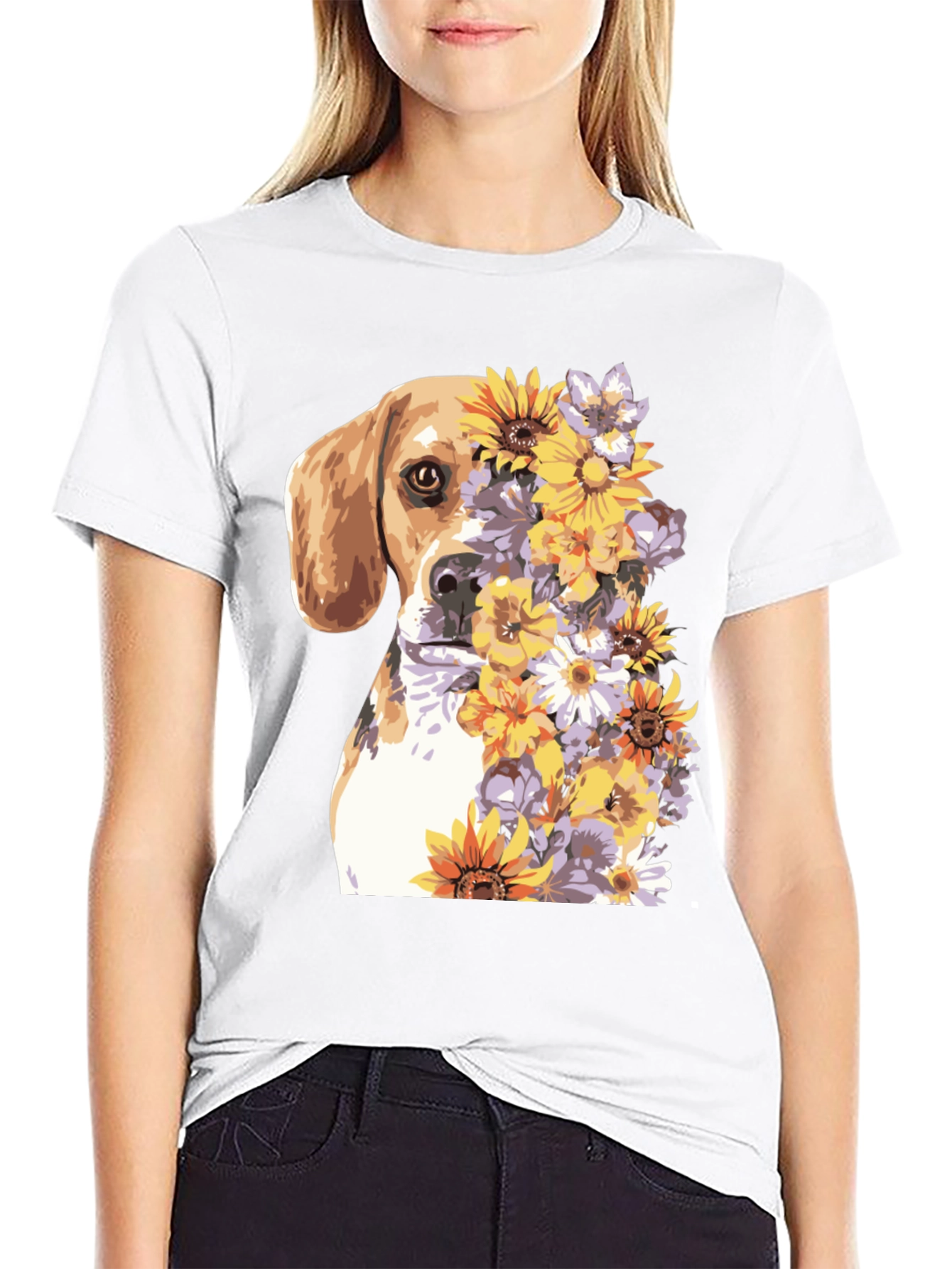 Dog & Floral Print T-Shirt