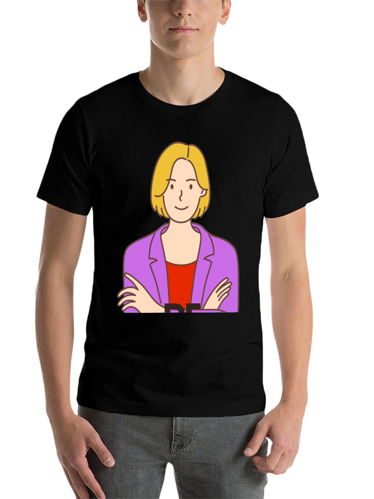 Cartoon Woman Graphic Tee - Black Cotton T-Shirt