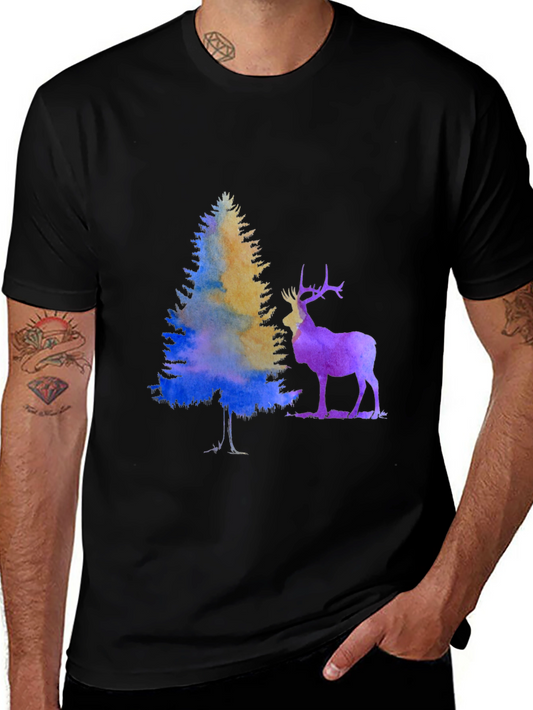 Watercolor Deer & Tree Graphic Tee - Black