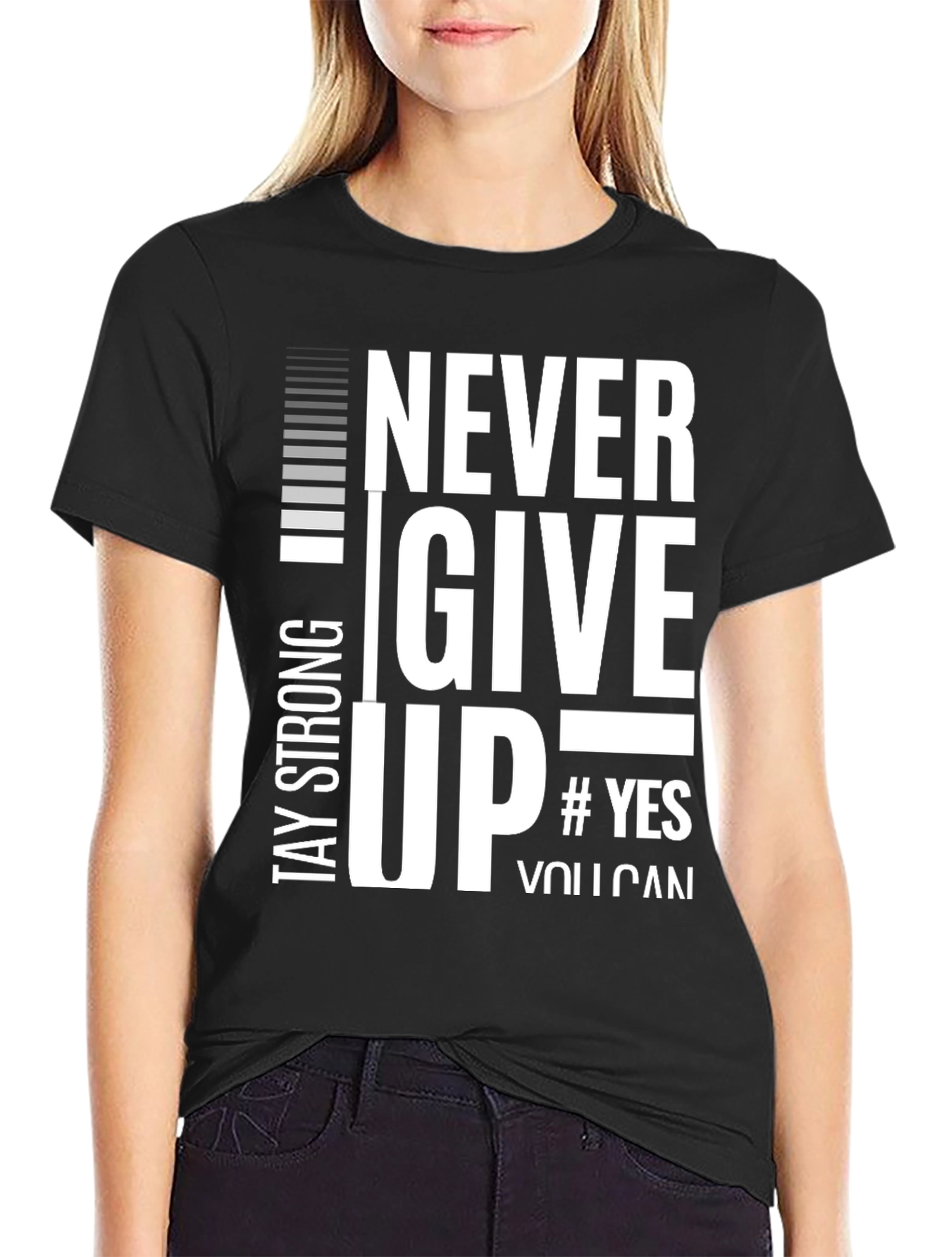 Never Give Up Black Graphic T-Shirt