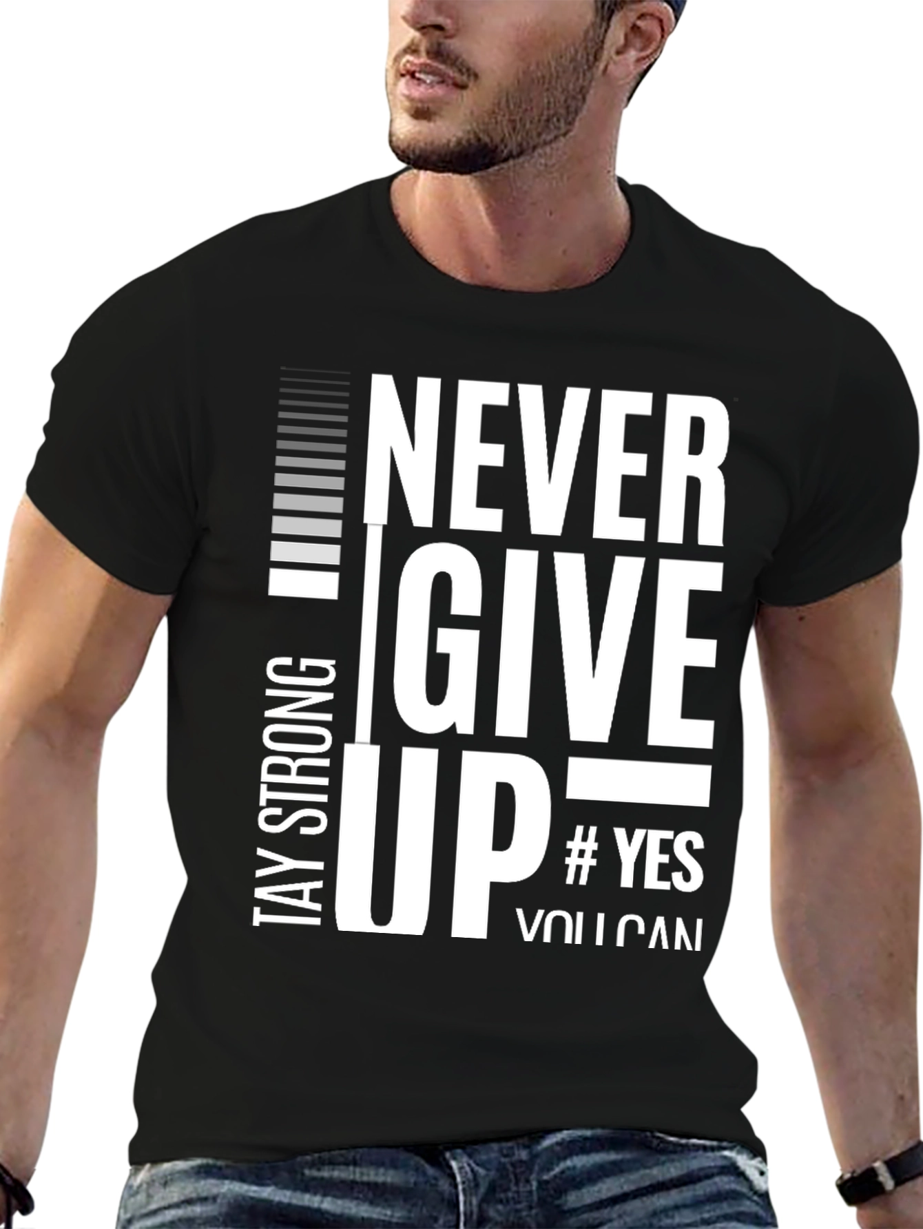 Never Give Up Black Graphic T-Shirt
