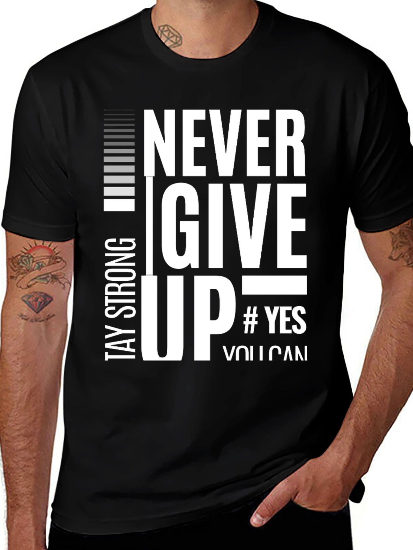 Never Give Up Black Graphic T-Shirt