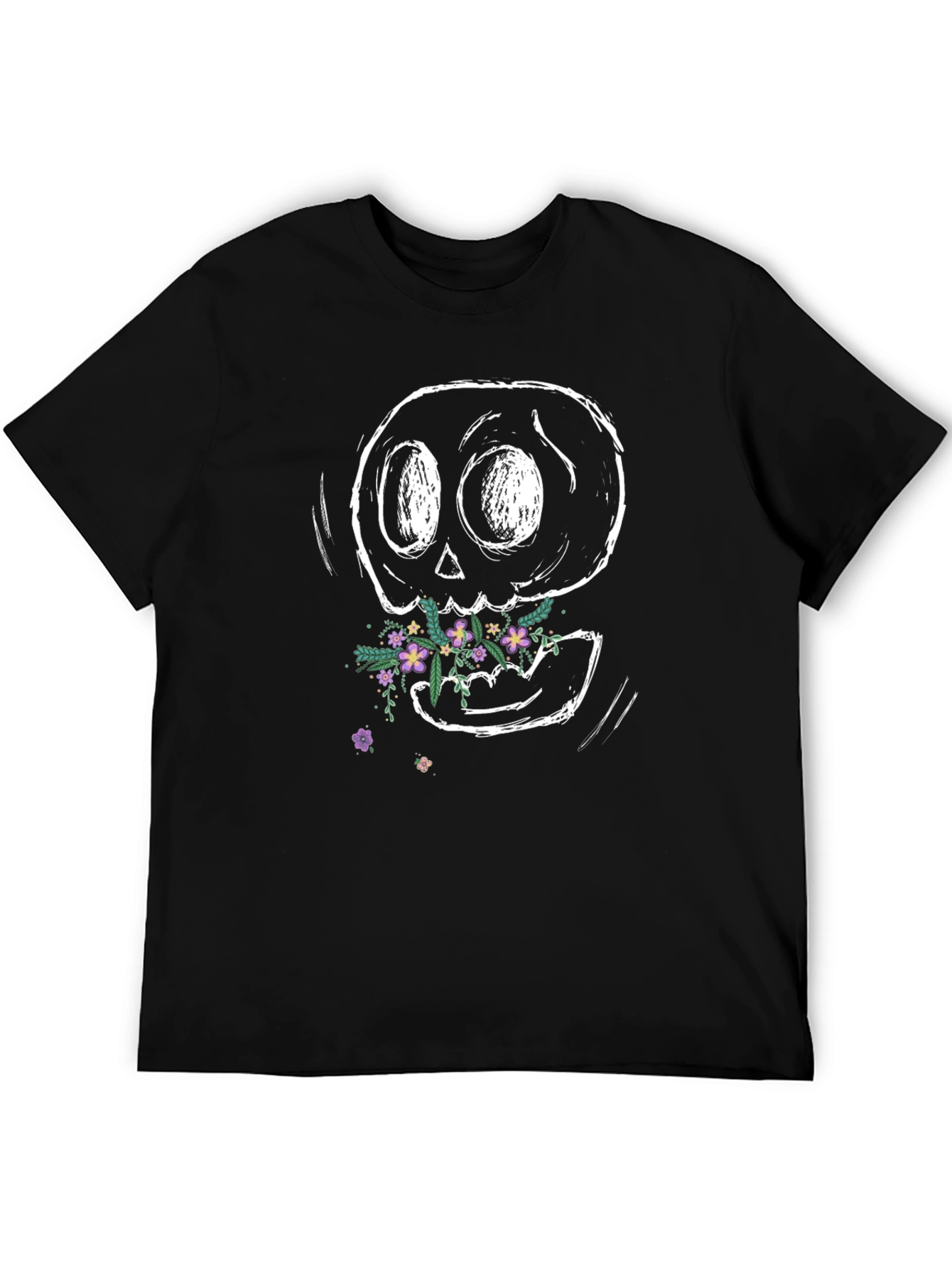 Floral Skull Graphic Tee - Black Cotton T-Shirt