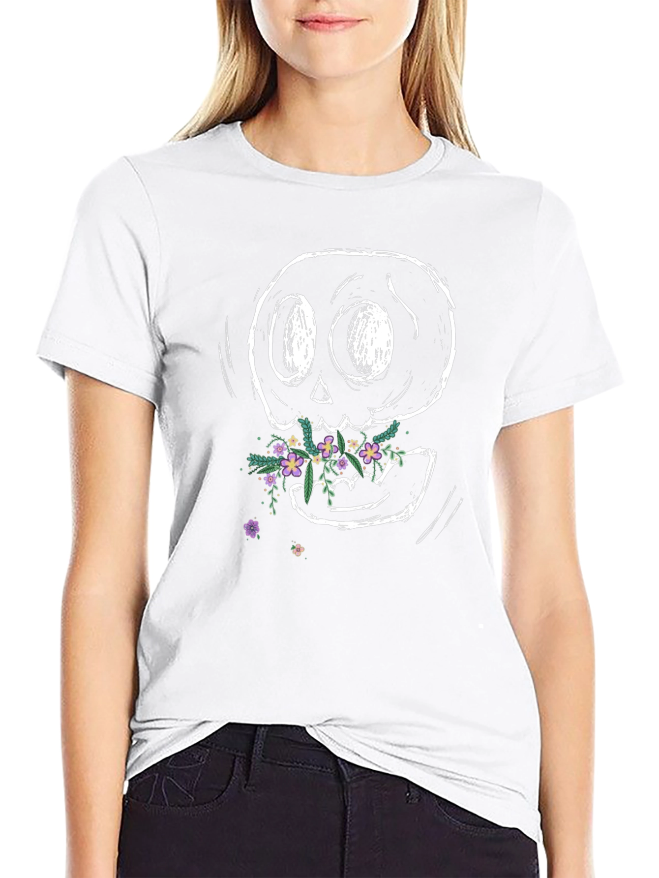 Floral Skull Graphic Tee - Black Cotton T-Shirt