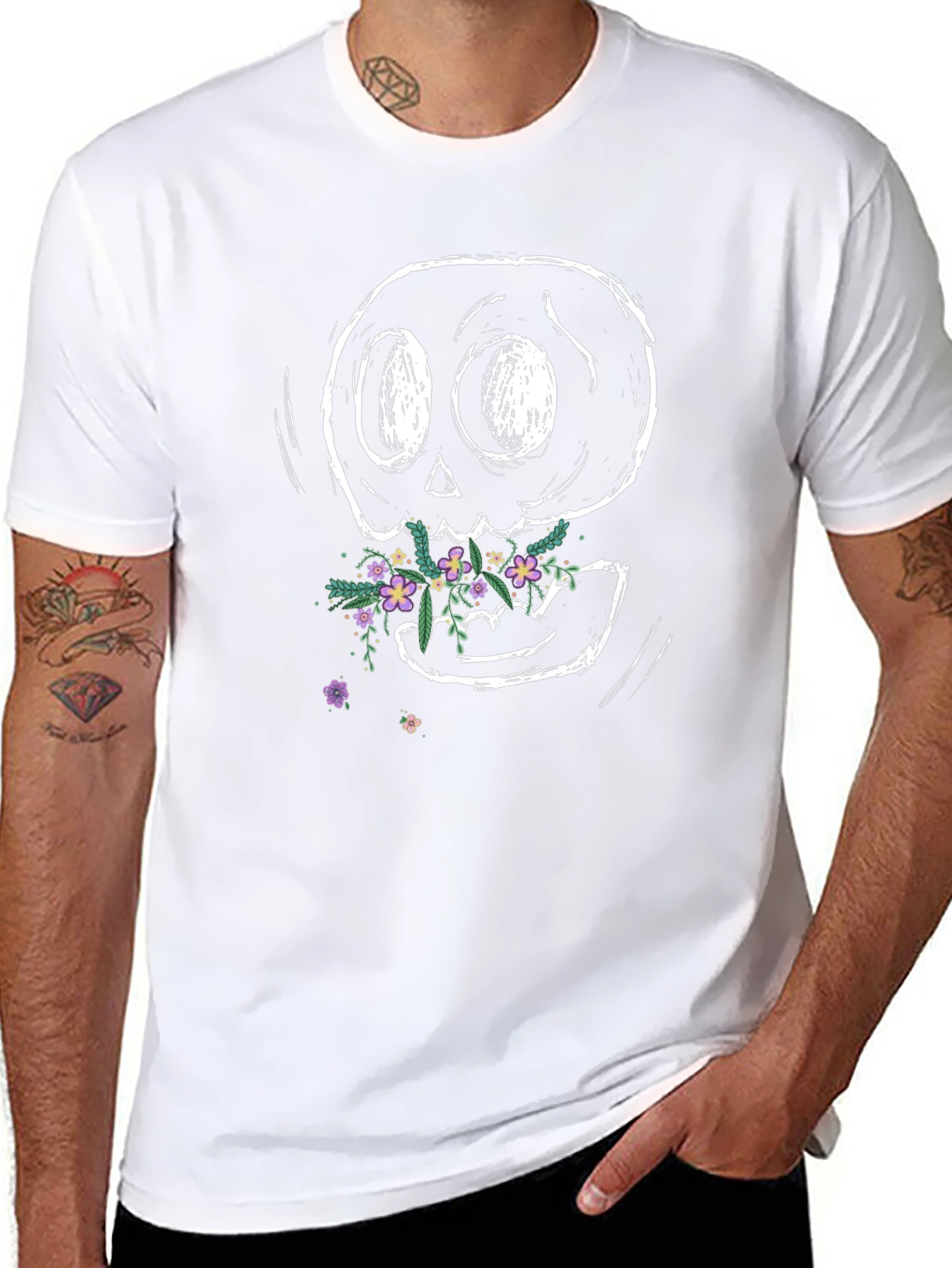 Floral Skull Graphic Tee - Black Cotton T-Shirt