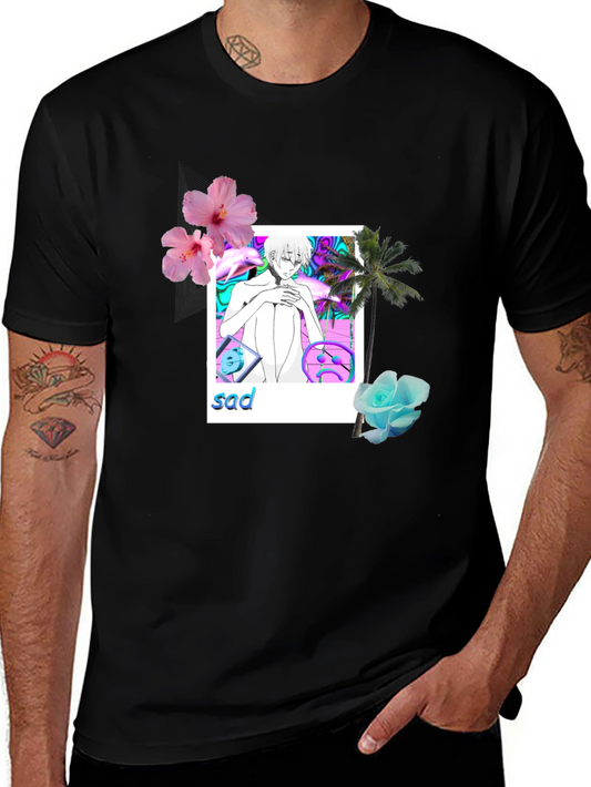 Aesthetic Sad Anime Graphic Tee - Black