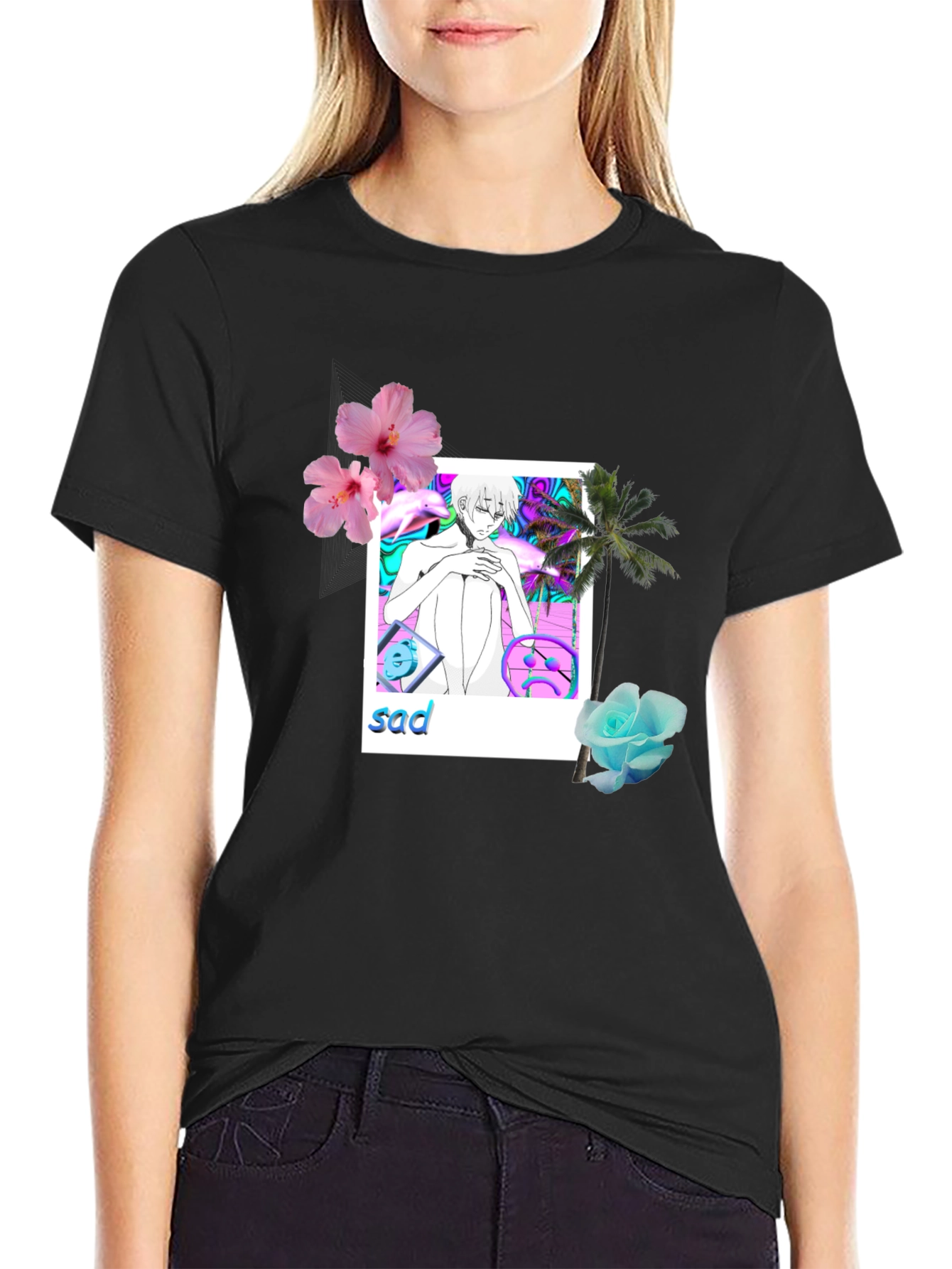 Aesthetic Sad Anime Graphic Tee - Black