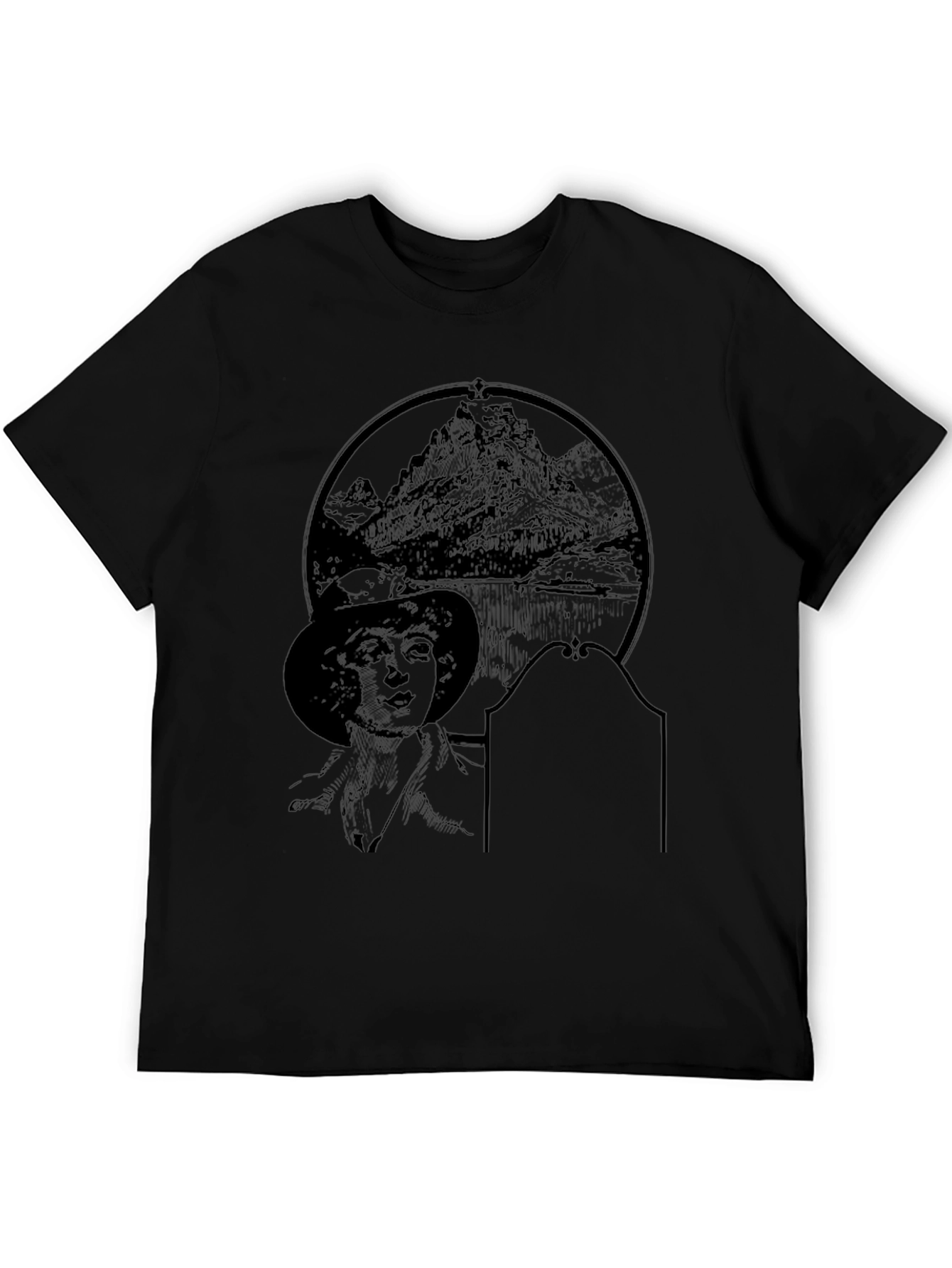 Black Graphic T-Shirt with Mountain & Woman Print