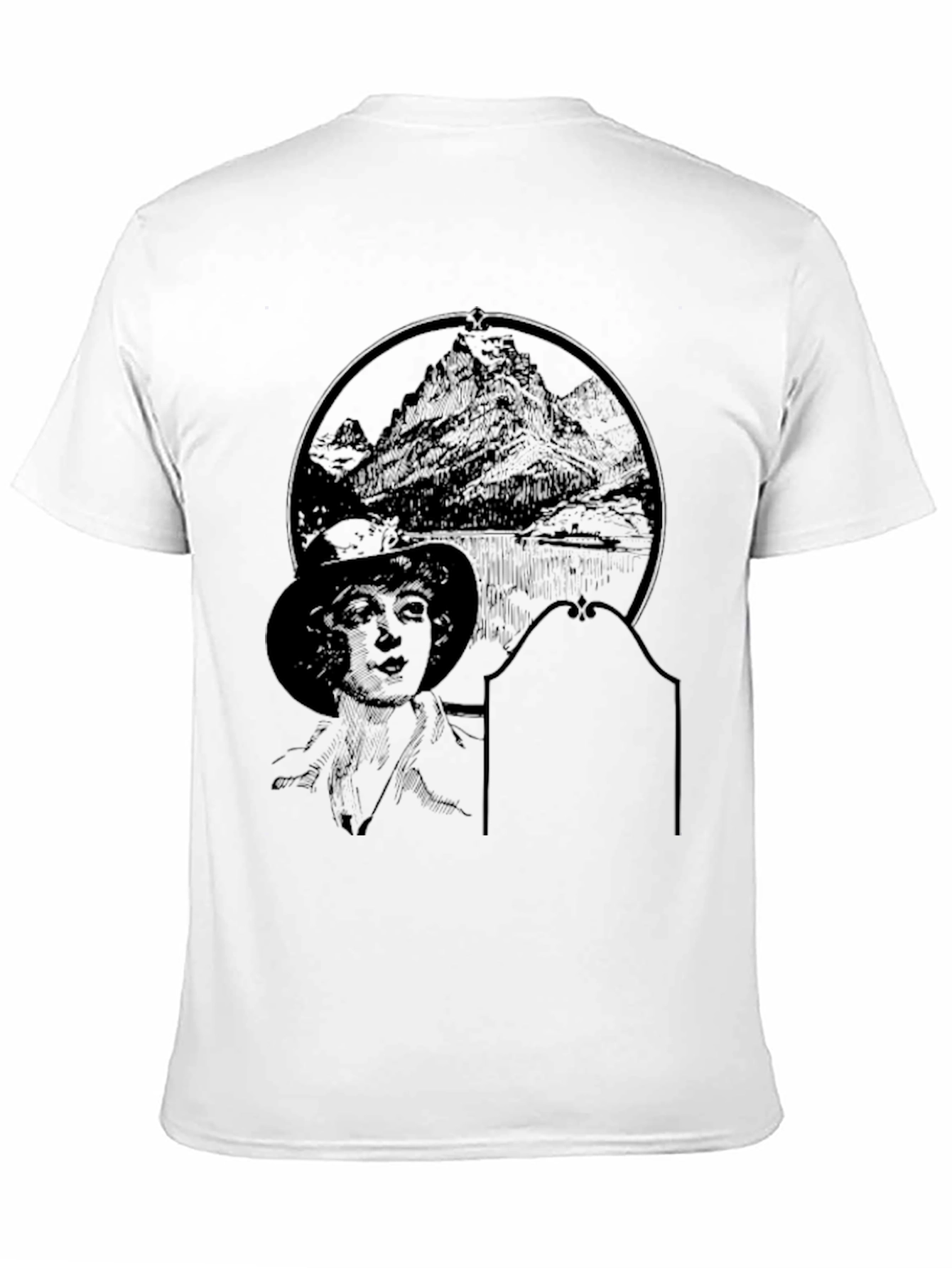 Black Graphic T-Shirt with Mountain & Woman Print