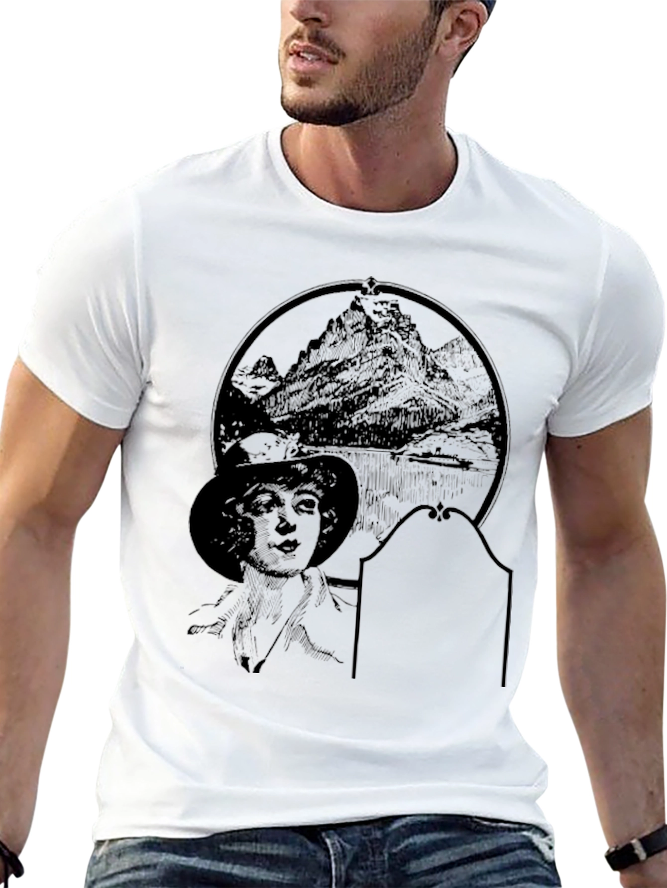 Black Graphic T-Shirt with Mountain & Woman Print