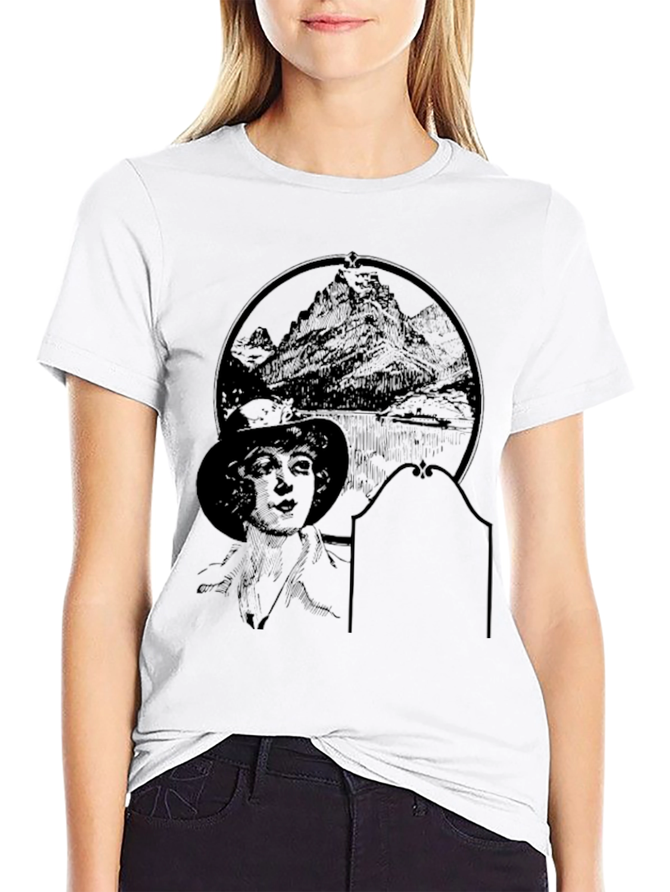 Black Graphic T-Shirt with Mountain & Woman Print