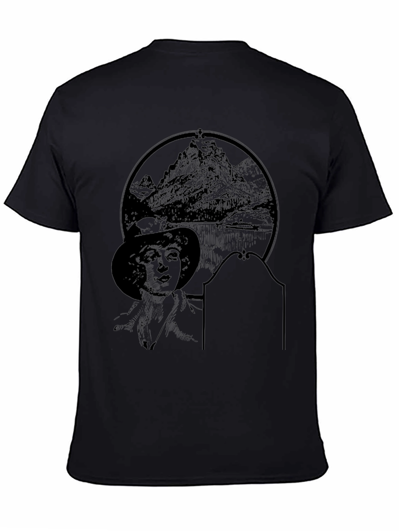 Black Graphic T-Shirt with Mountain & Woman Print