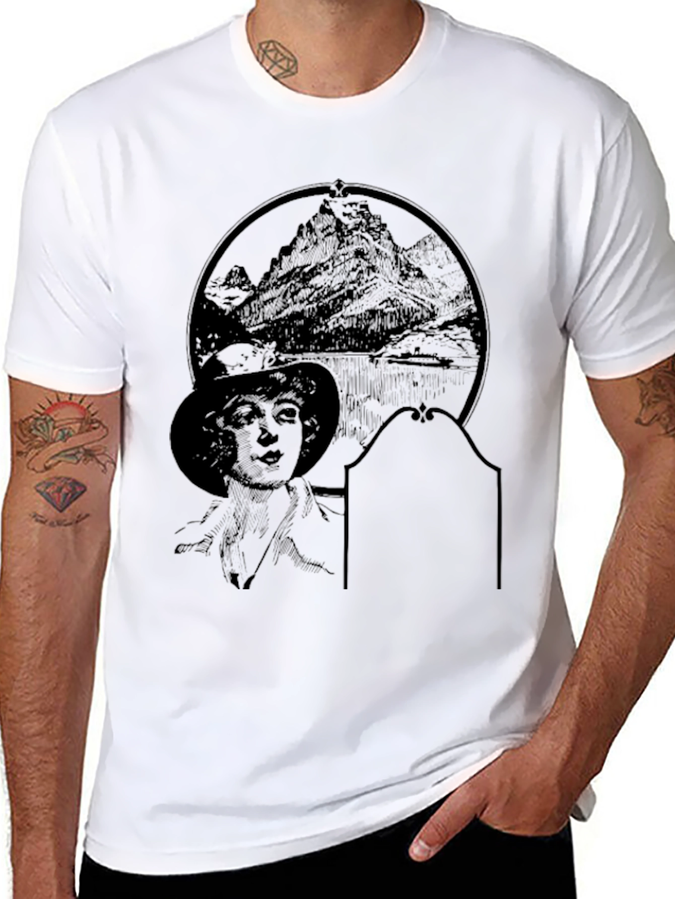 Black Graphic T-Shirt with Mountain & Woman Print