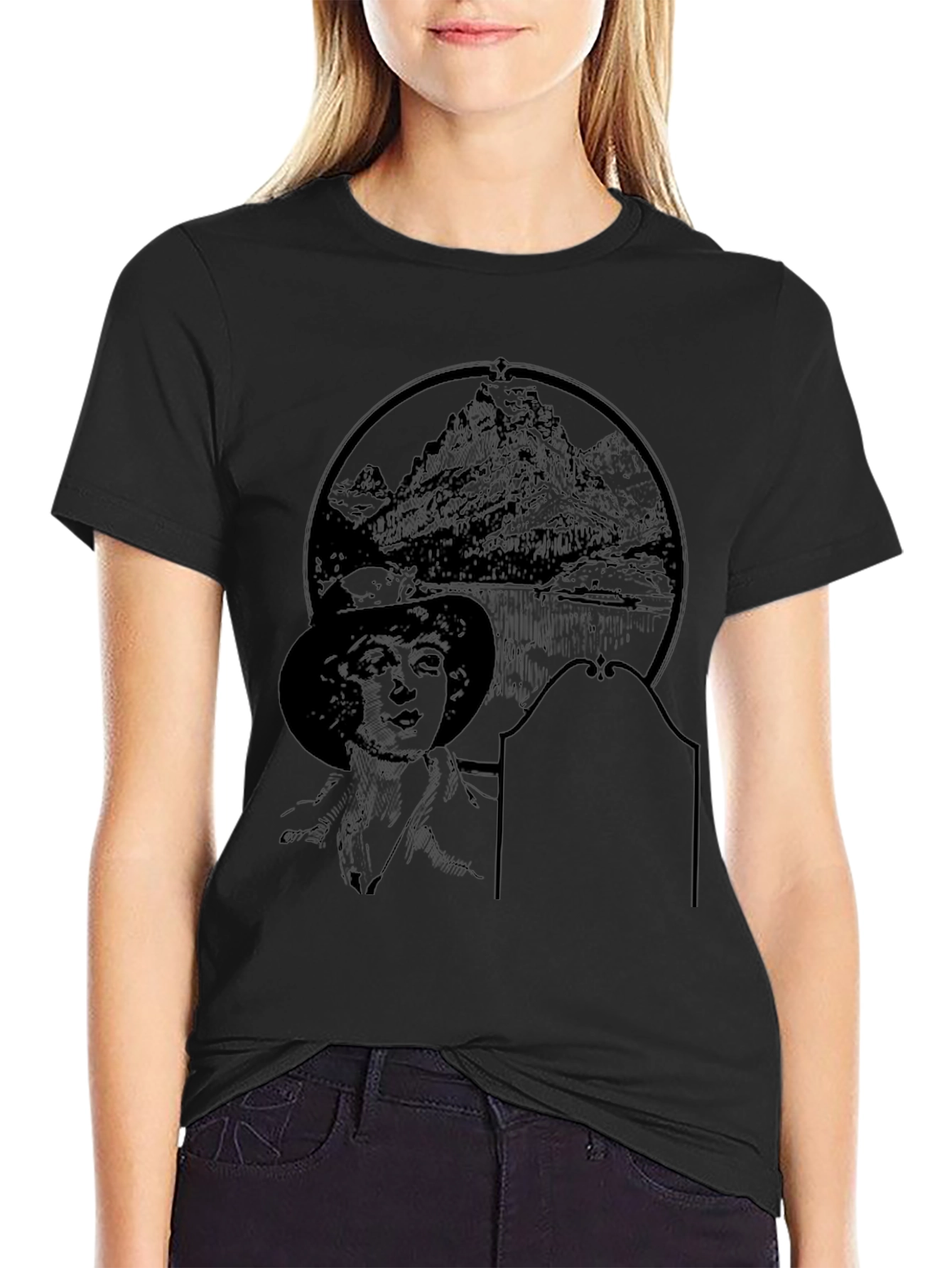 Black Graphic T-Shirt with Mountain & Woman Print