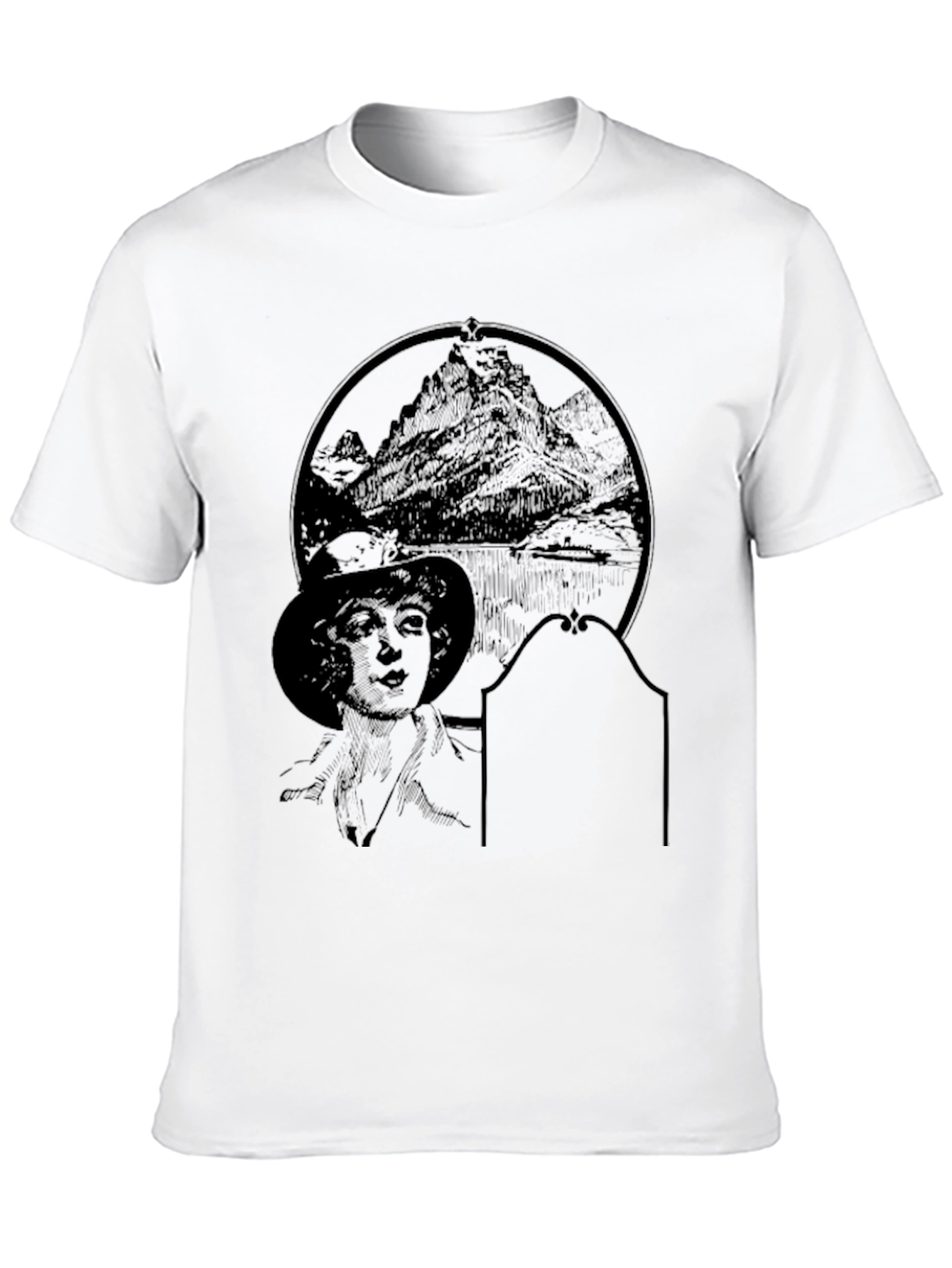 Black Graphic T-Shirt with Mountain & Woman Print