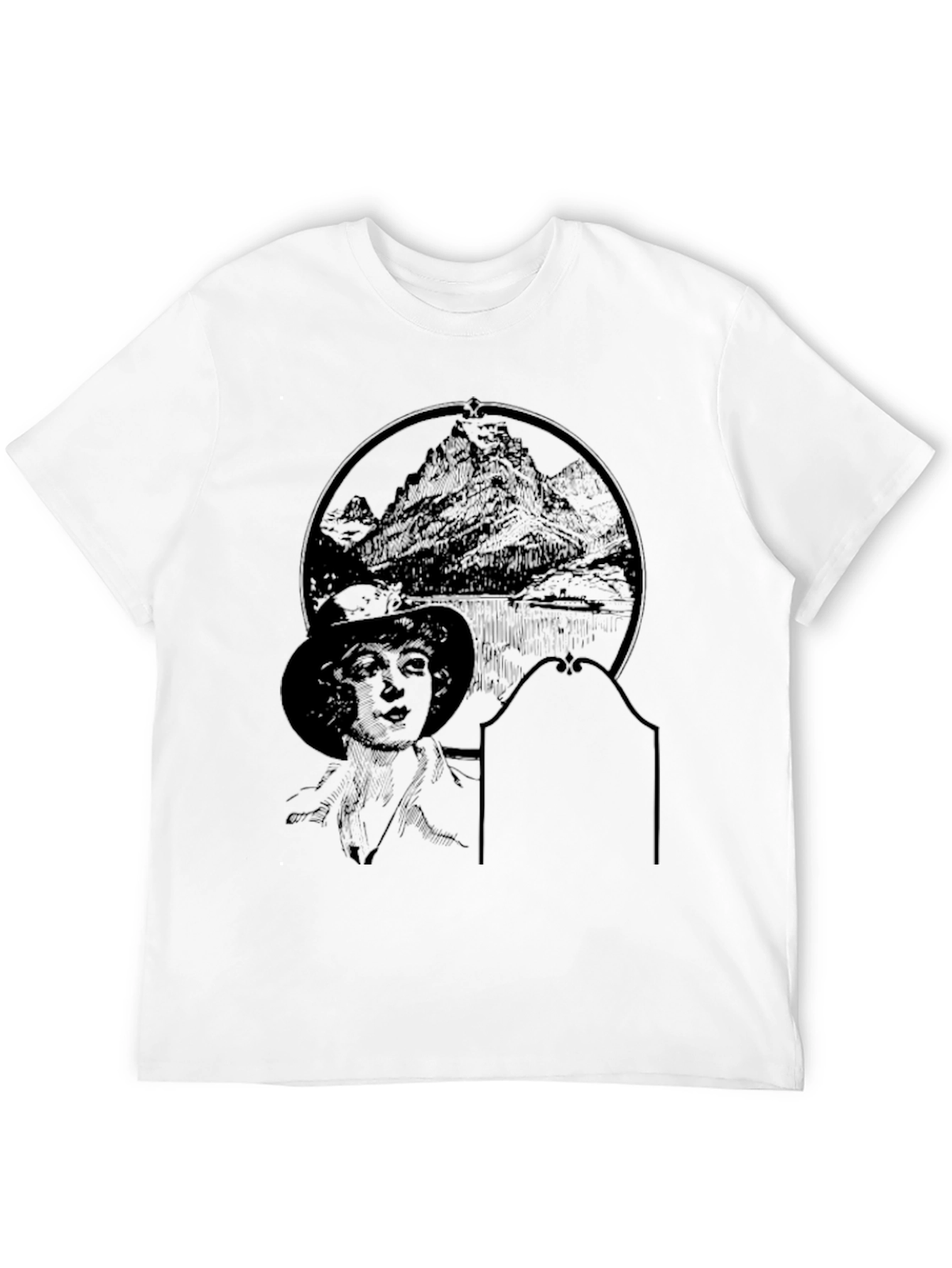 Black Graphic T-Shirt with Mountain & Woman Print