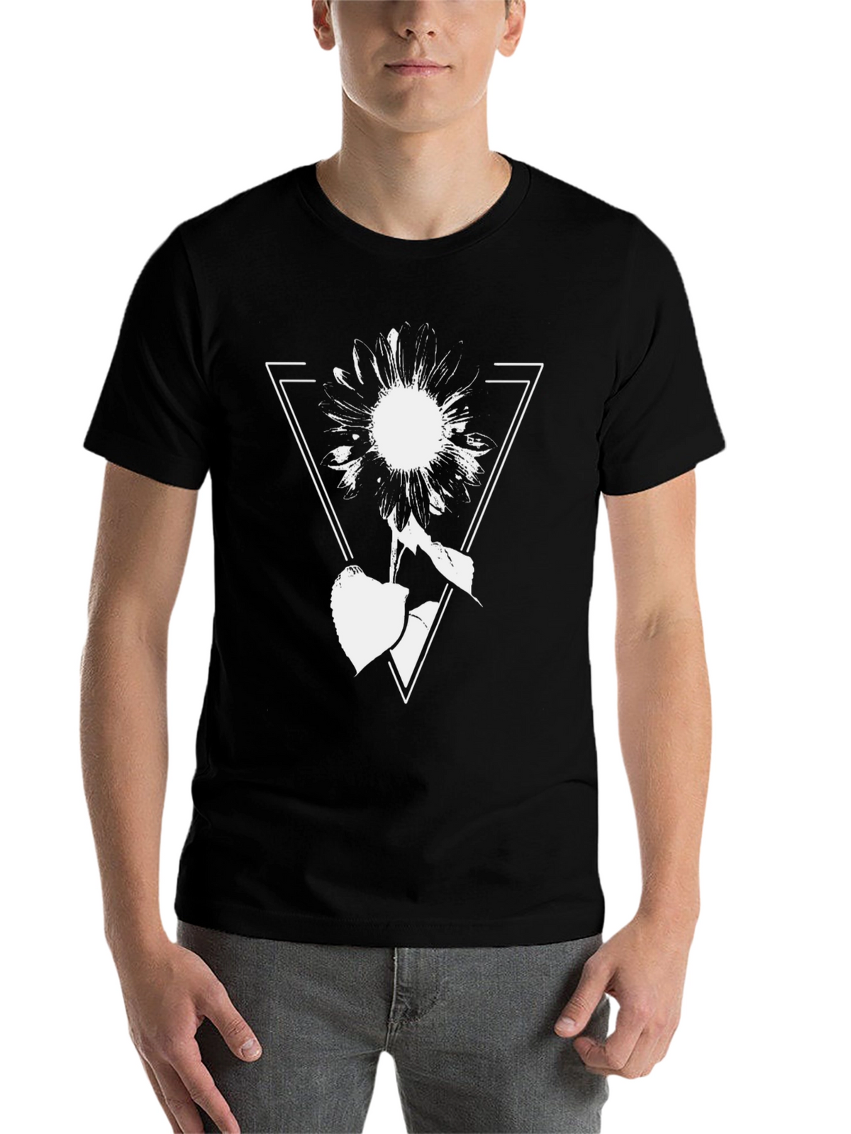 Geometric Floral Graphic Tee - Black Cotton Blend