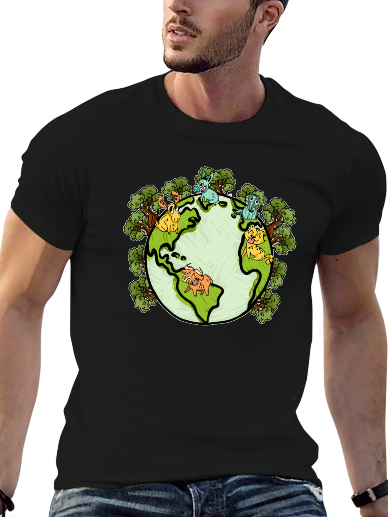 Earth Animal Cartoon Graphic Print T-Shirt