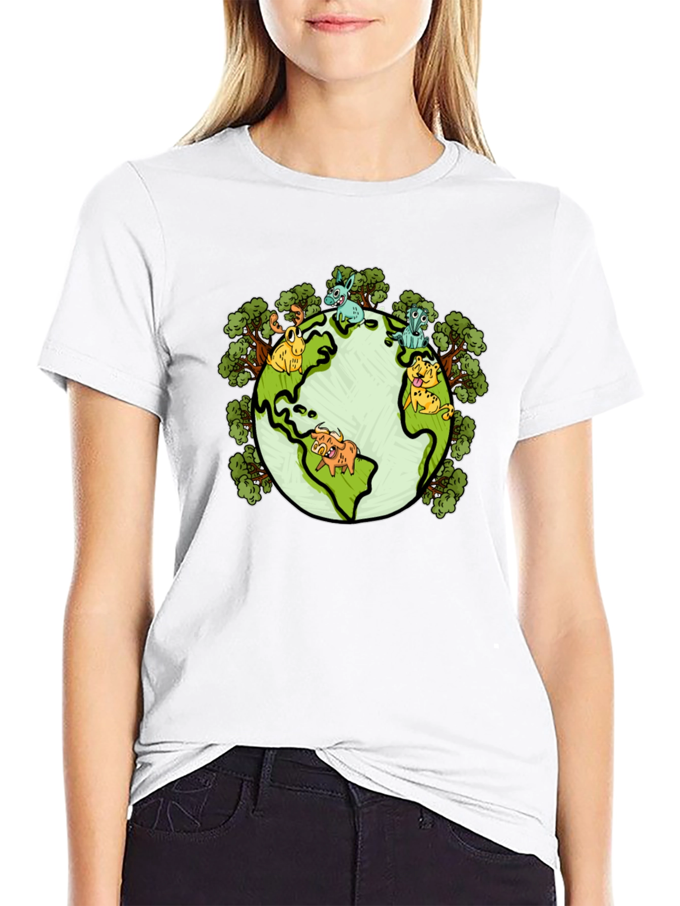 Earth Animal Cartoon Graphic Print T-Shirt