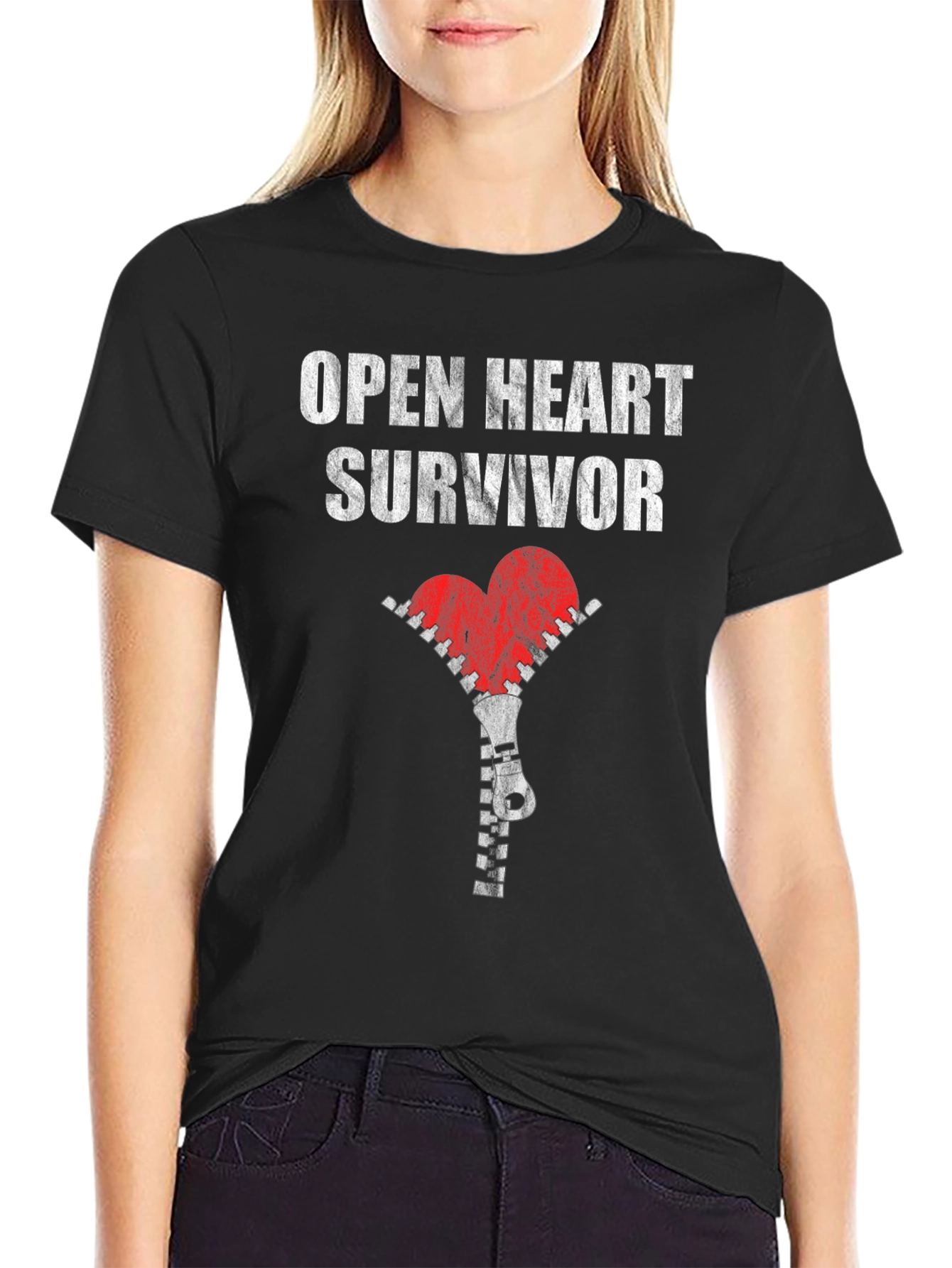 Open Heart Survivor T-Shirt with Zipper Heart Graphic