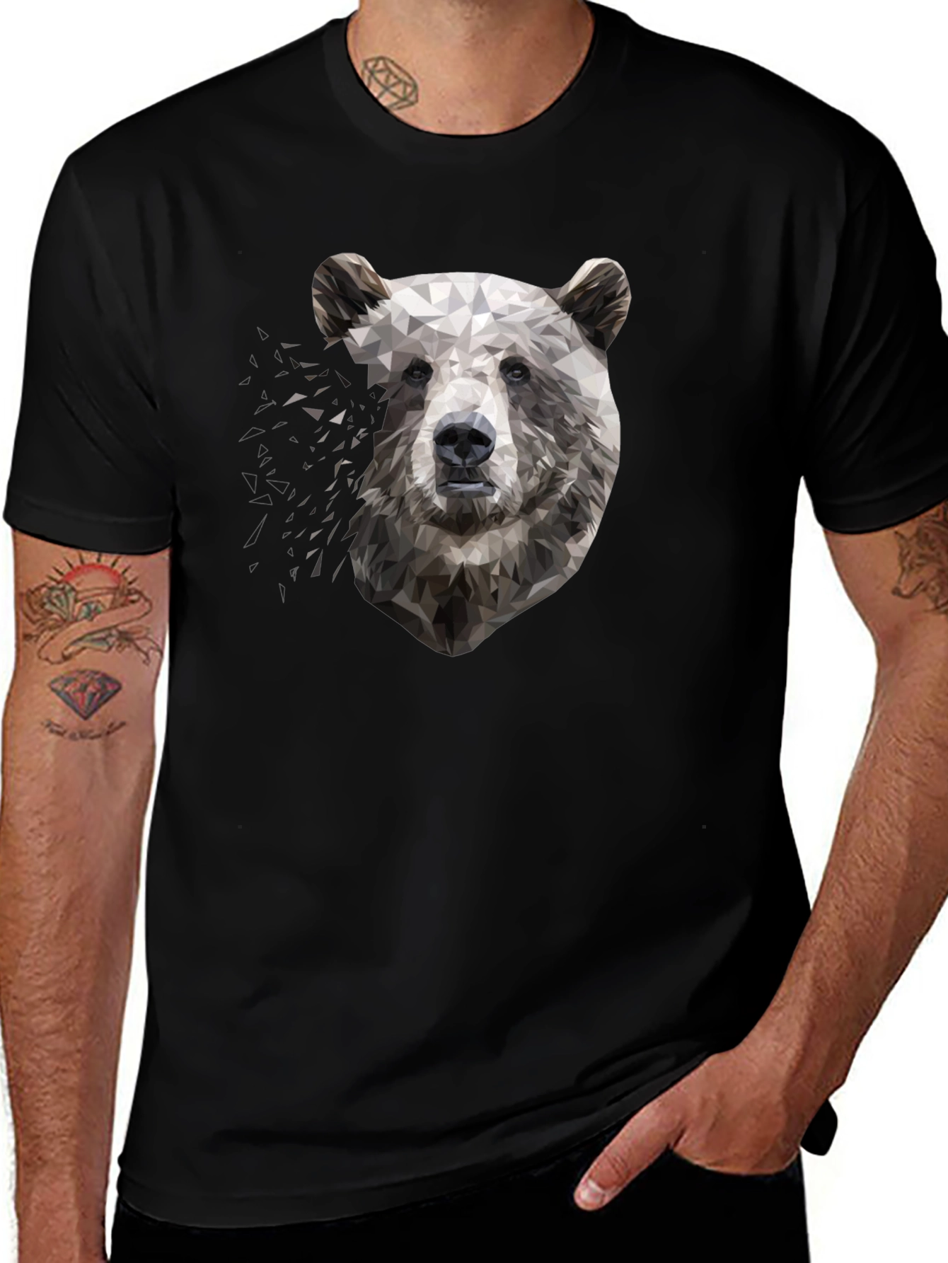 Geometric Bear Graphic Black T-Shirt