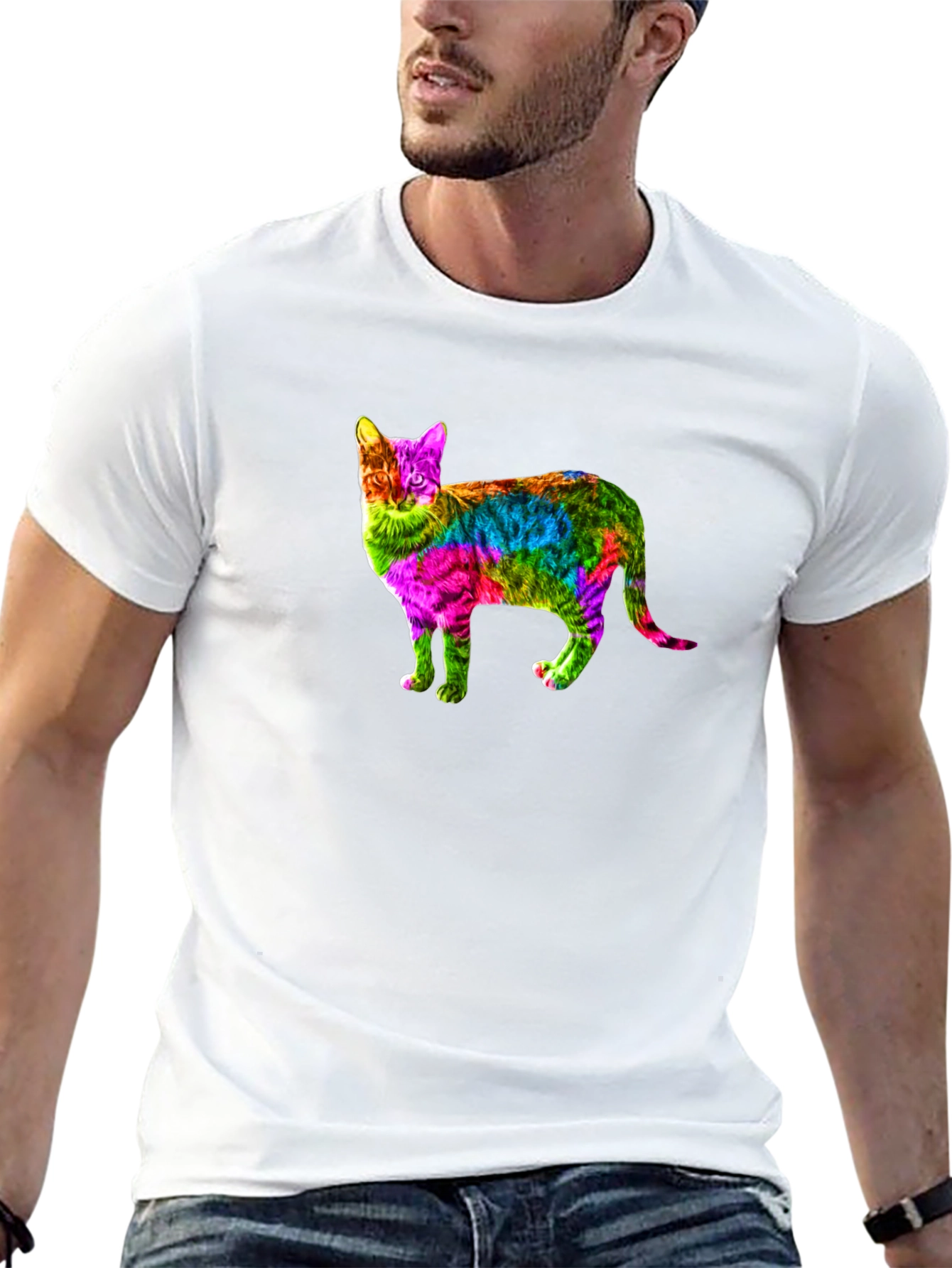 Rainbow Cat Graphic Print Black T-Shirt