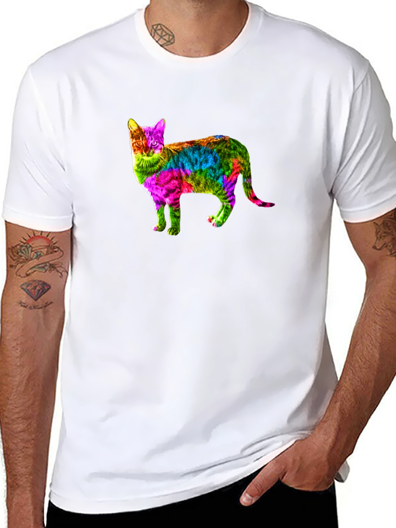Rainbow Cat Graphic Print Black T-Shirt