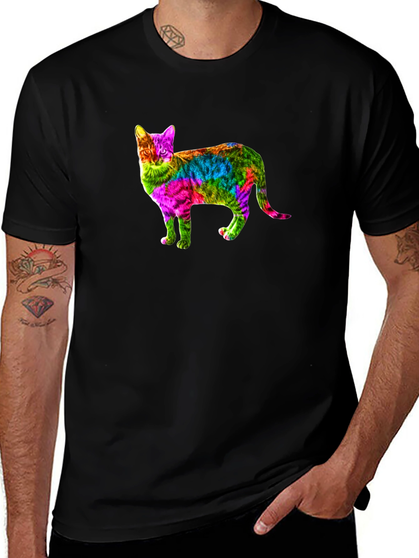 Rainbow Cat Graphic Print Black T-Shirt
