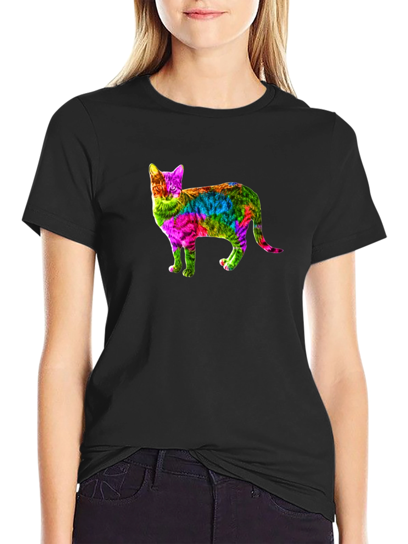 Rainbow Cat Graphic Print Black T-Shirt