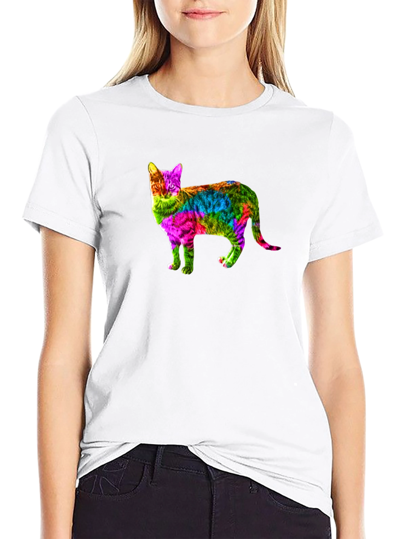 Rainbow Cat Graphic Print Black T-Shirt