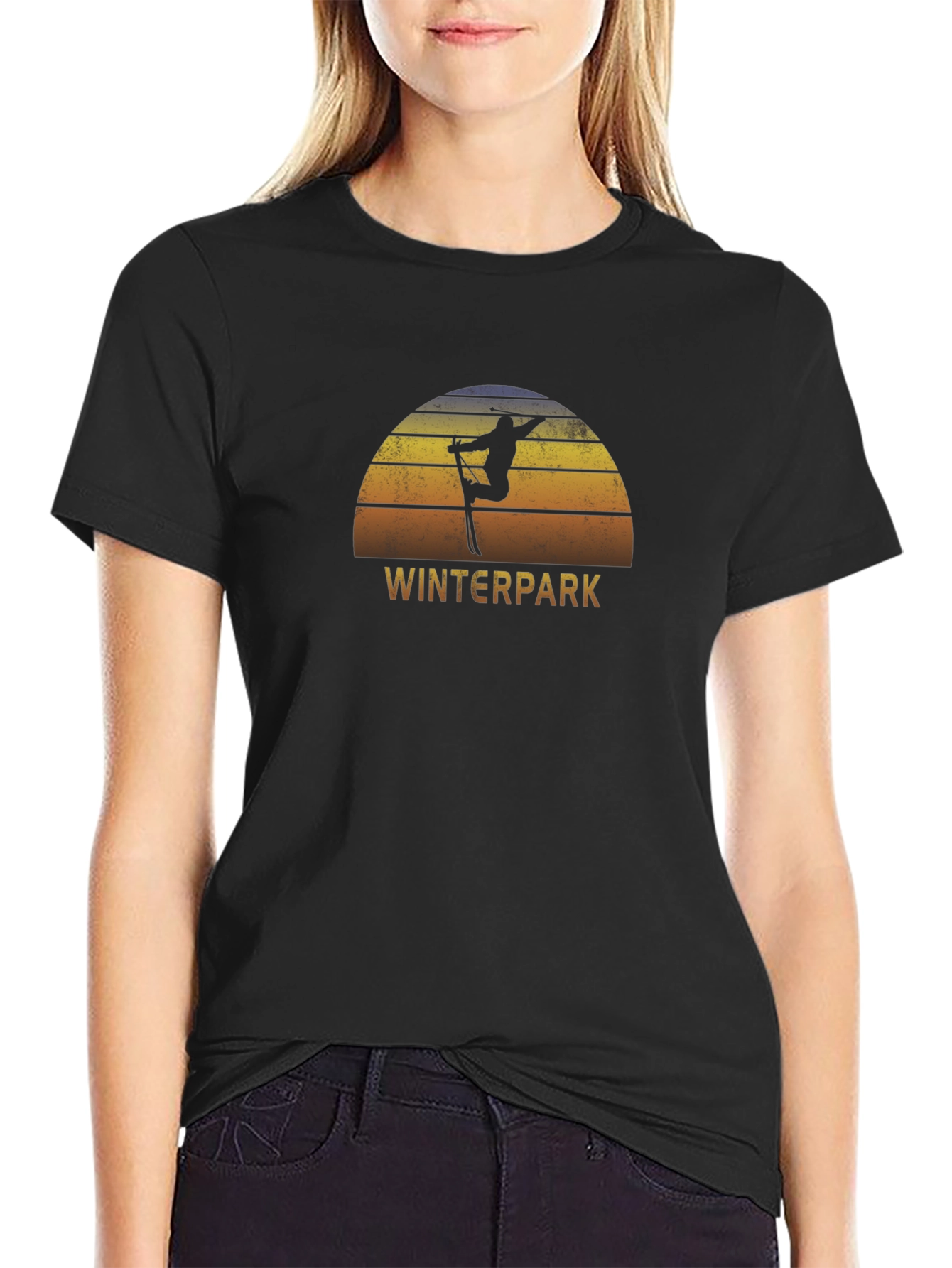 Winterpark Skiing Graphic T-Shirt - Retro Sunset