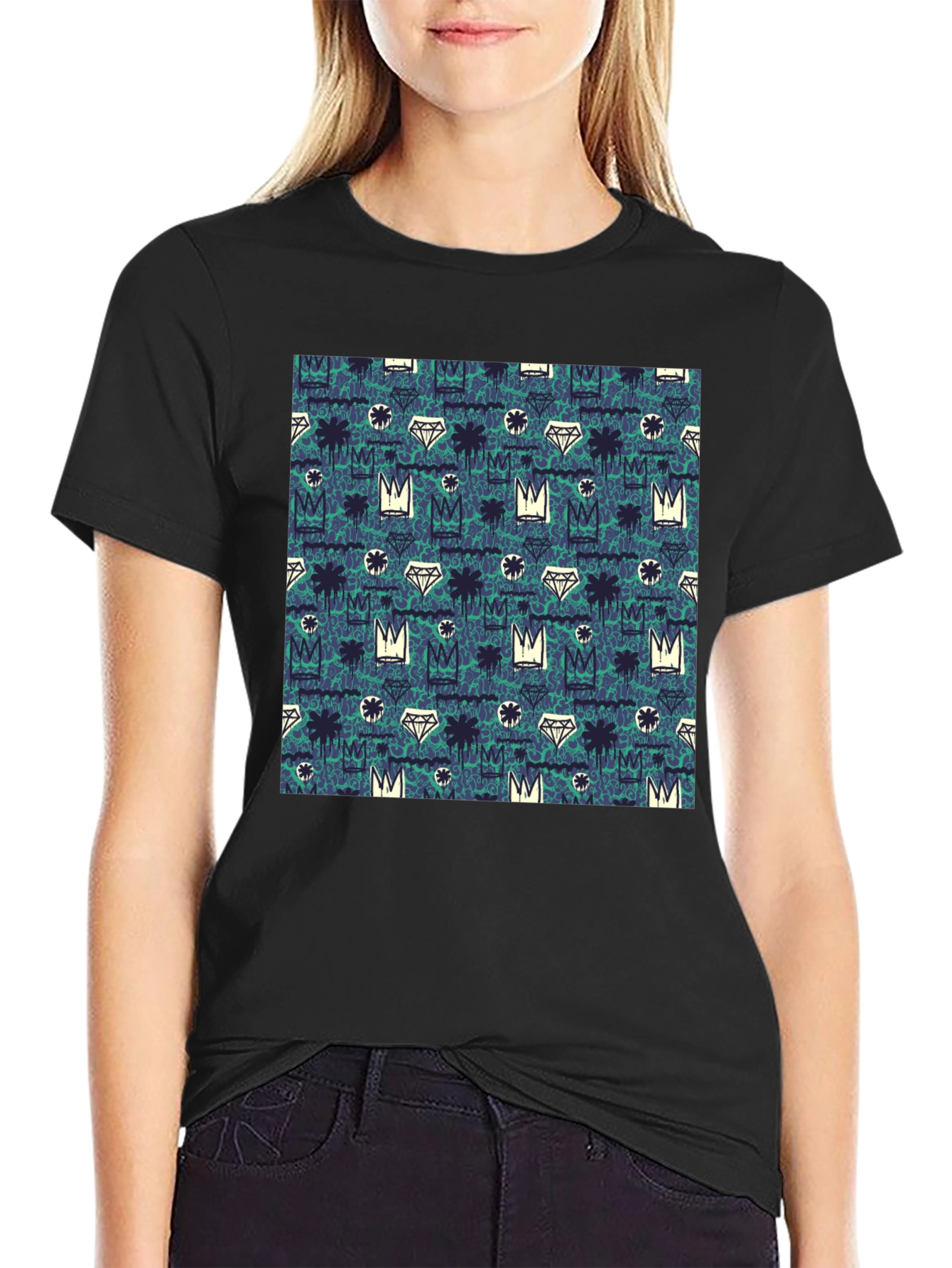 Crown & Diamond Pattern Black T-Shirt