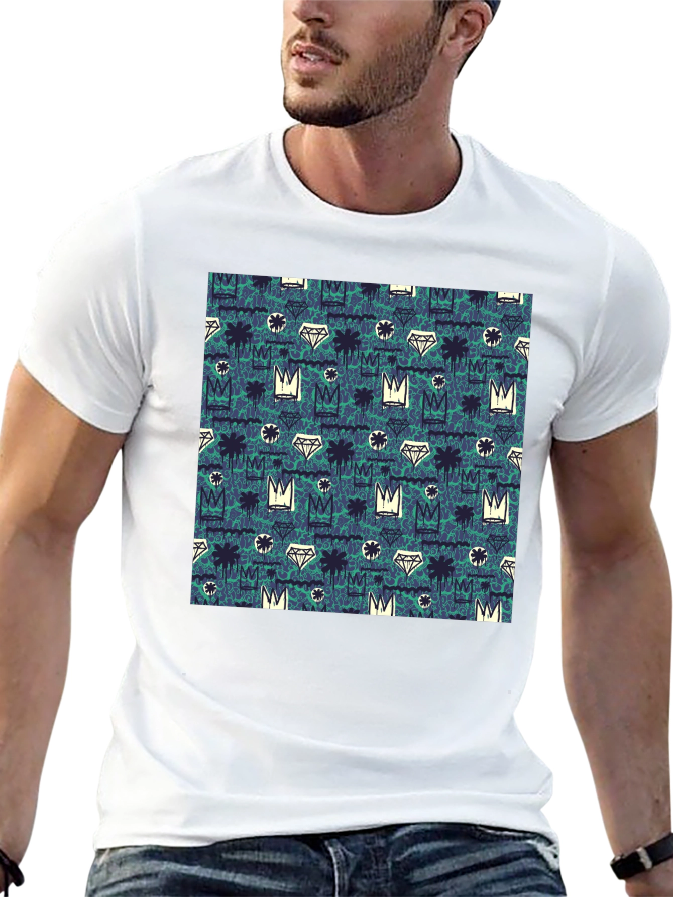 Crown & Diamond Pattern Black T-Shirt