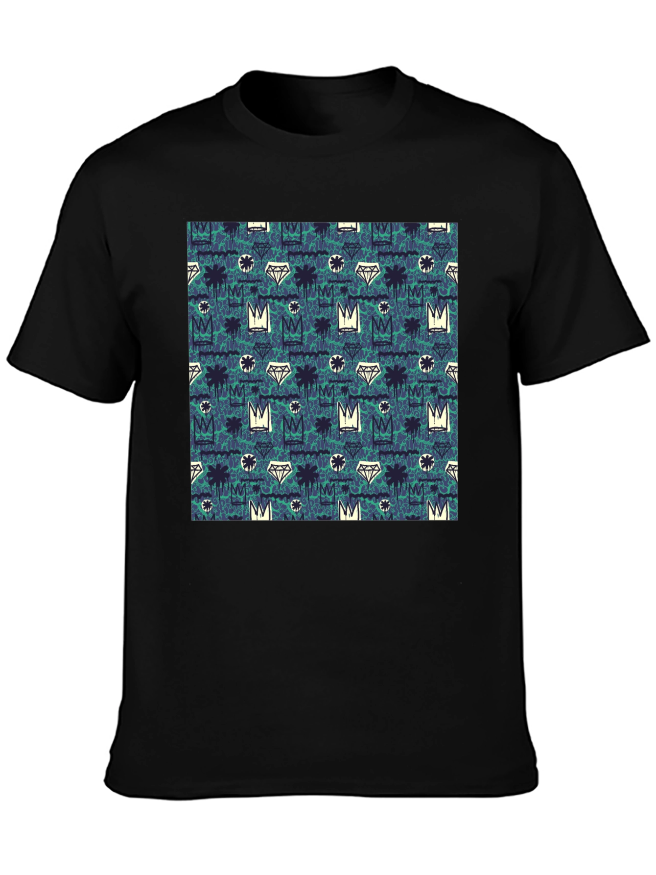 Crown & Diamond Pattern Black T-Shirt