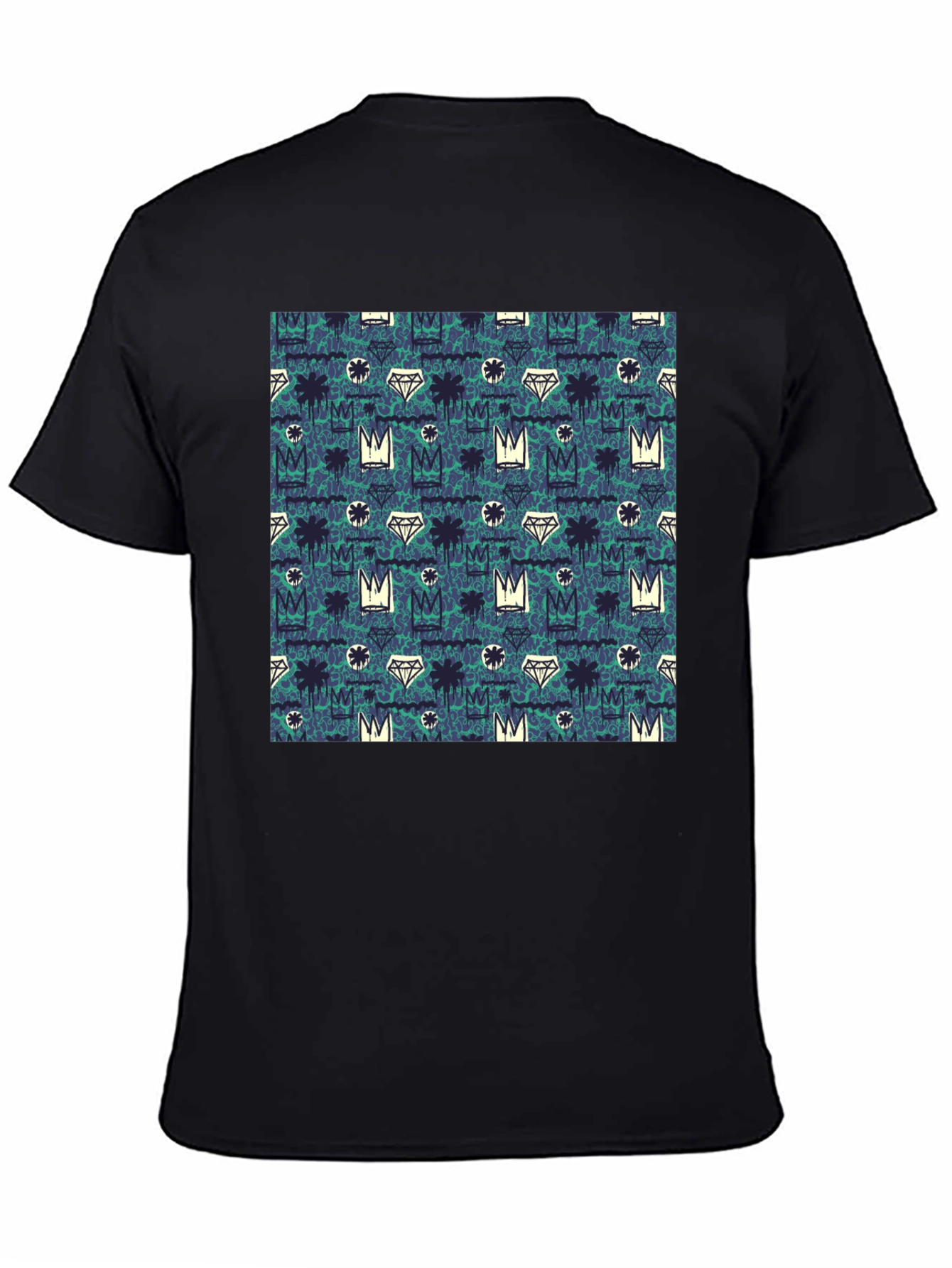 Crown & Diamond Pattern Black T-Shirt