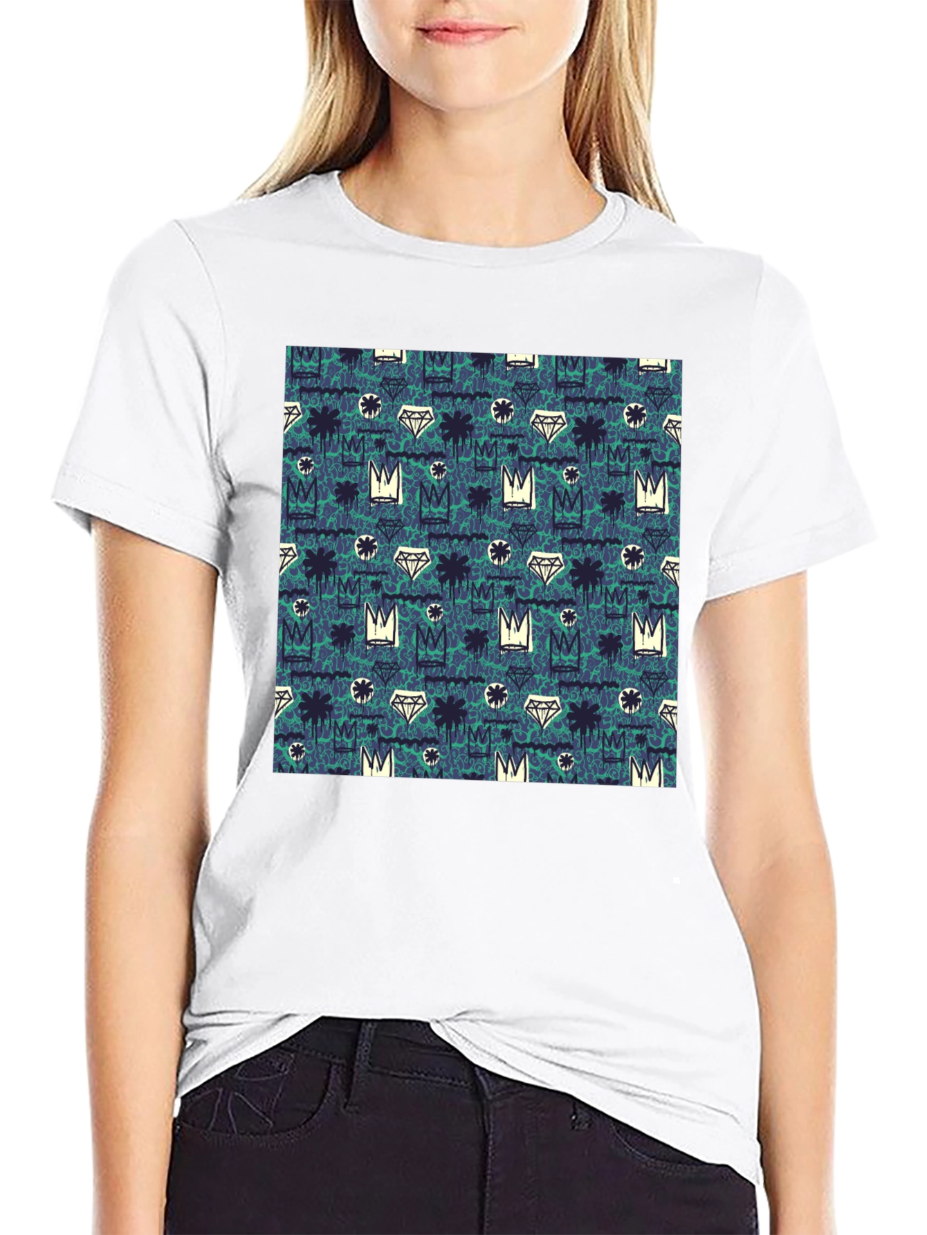 Crown & Diamond Pattern Black T-Shirt
