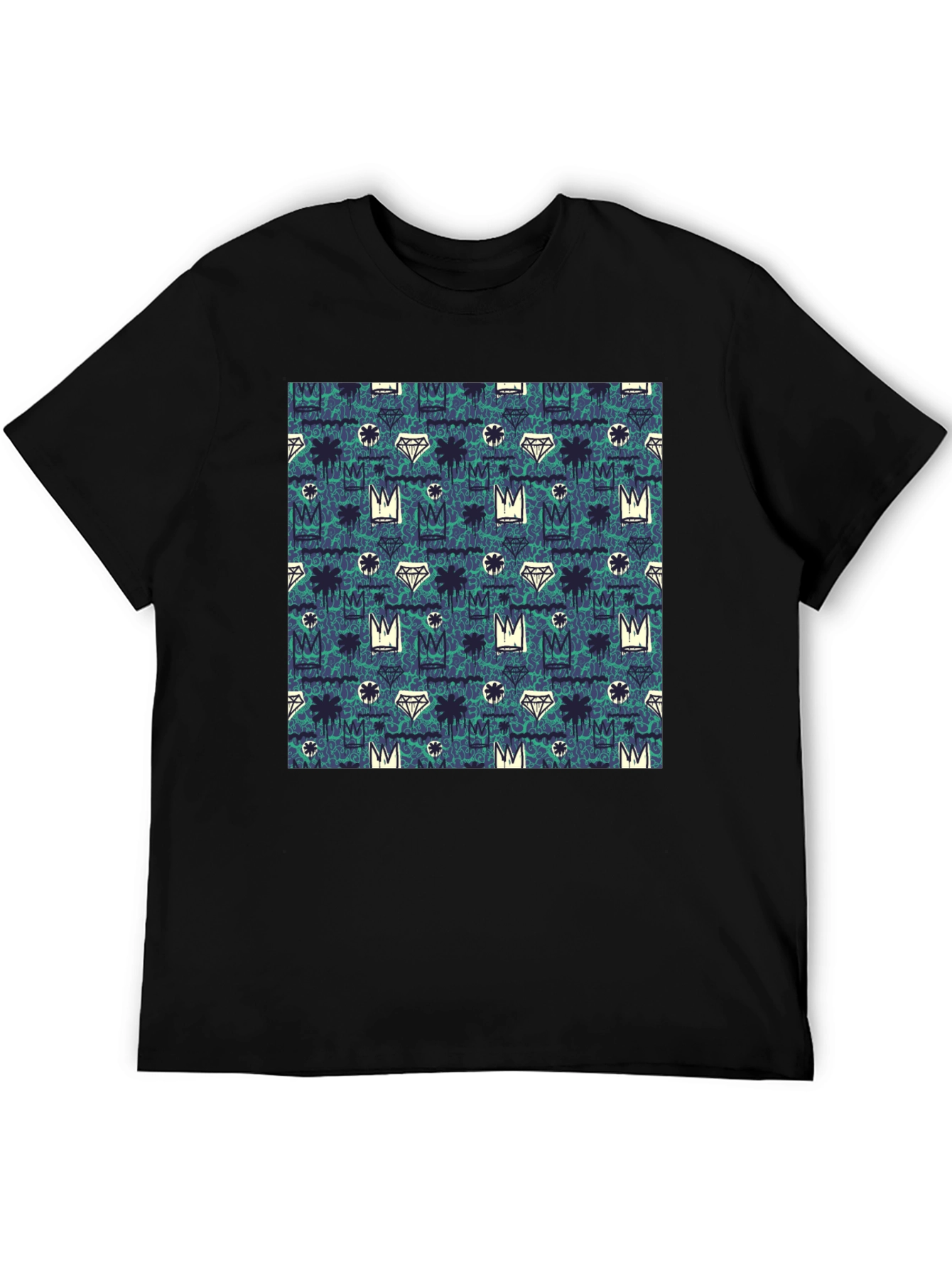 Crown & Diamond Pattern Black T-Shirt